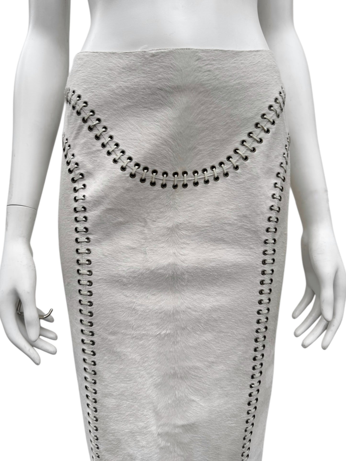 ALEXANDER MCQUEEN PRE-FALL 2010 WHITE PONY HAIR LACE-UP MIDI SKIRT