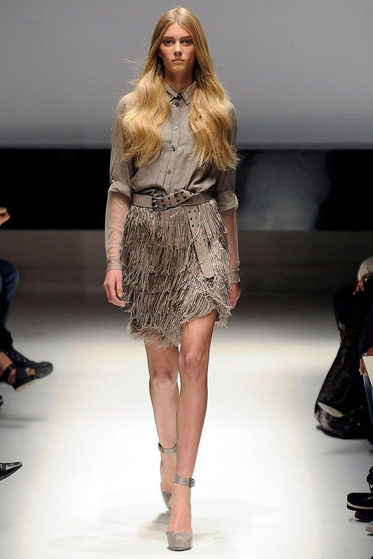 ALESSANDRO DELL’AQUA SS2009 GREY SILK, OSTRICH FEATHERS & PEARLS FRINGES MIDI SKIRT