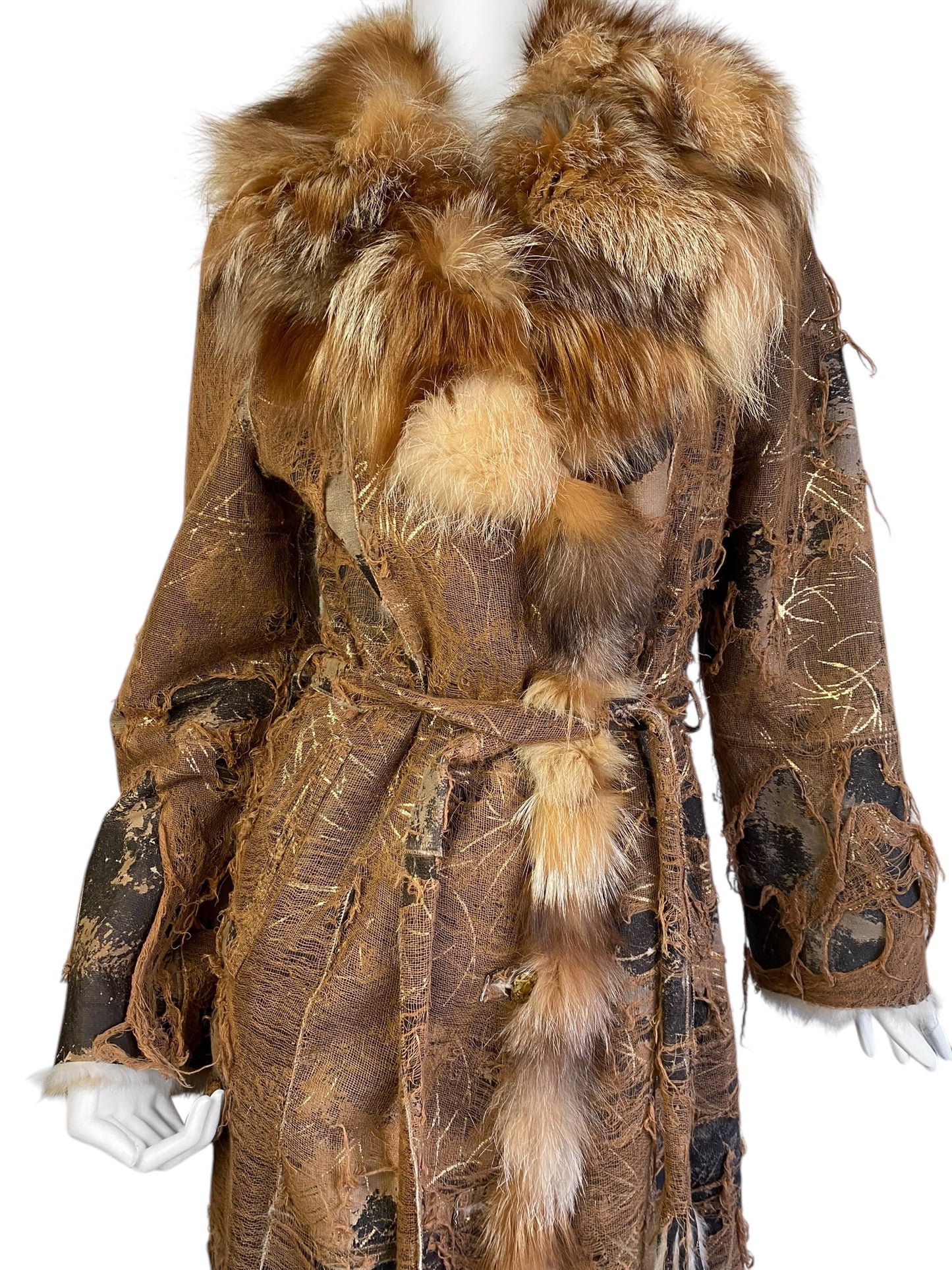 AMORETTI 2000s BROWN FOX FUR & GOLD LEAVES DISTRESSED COAT