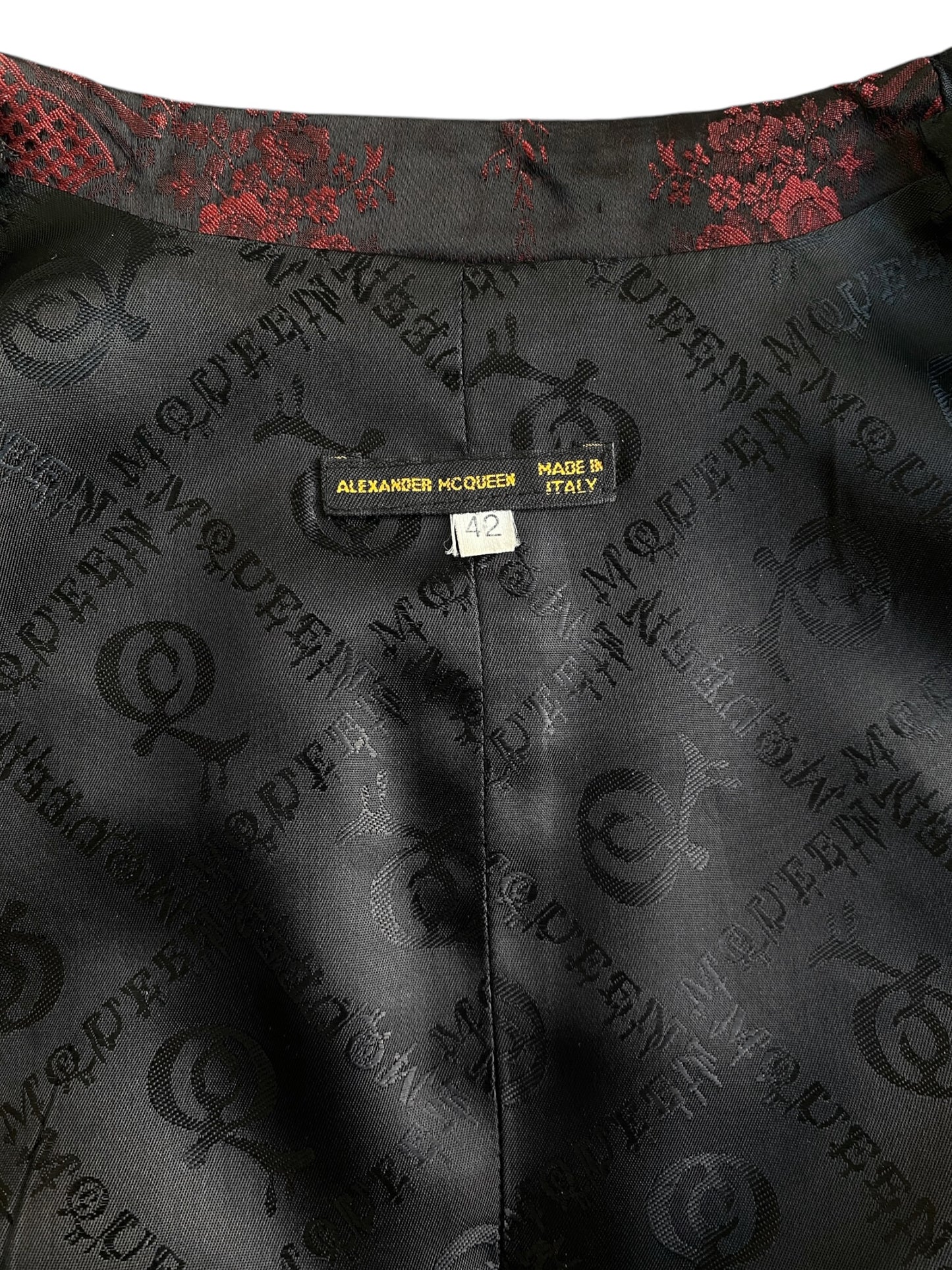 ALEXANDER MCQUEEN FW1998 «JOAN» BLACK & RED JACQUARD FLORAL WAISTCOAT