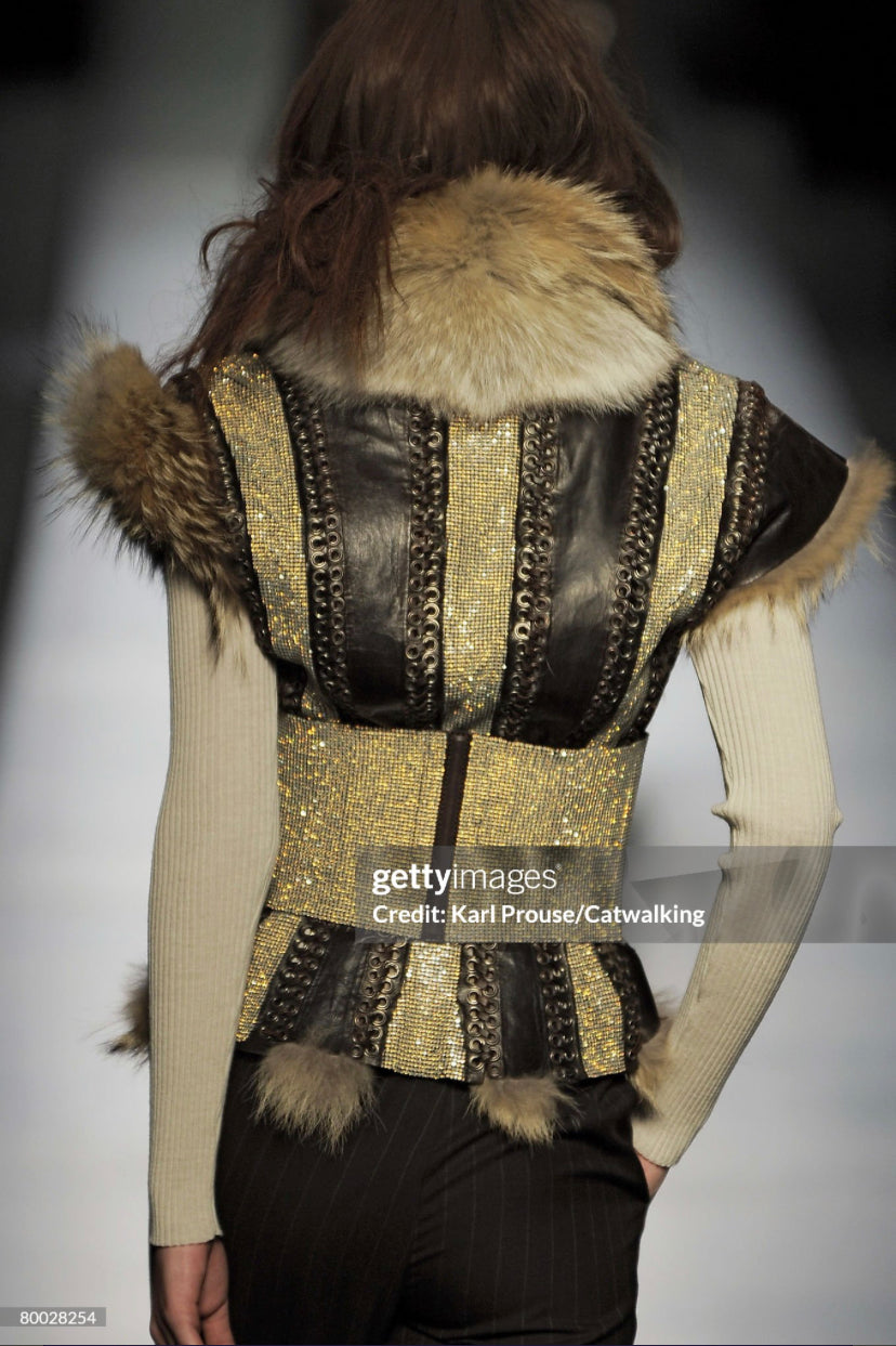 JEAN-PAUL GAULTIER FW2008 FOX FUR, LEATHER & RHINESTONES SLEEVELESS JACKET