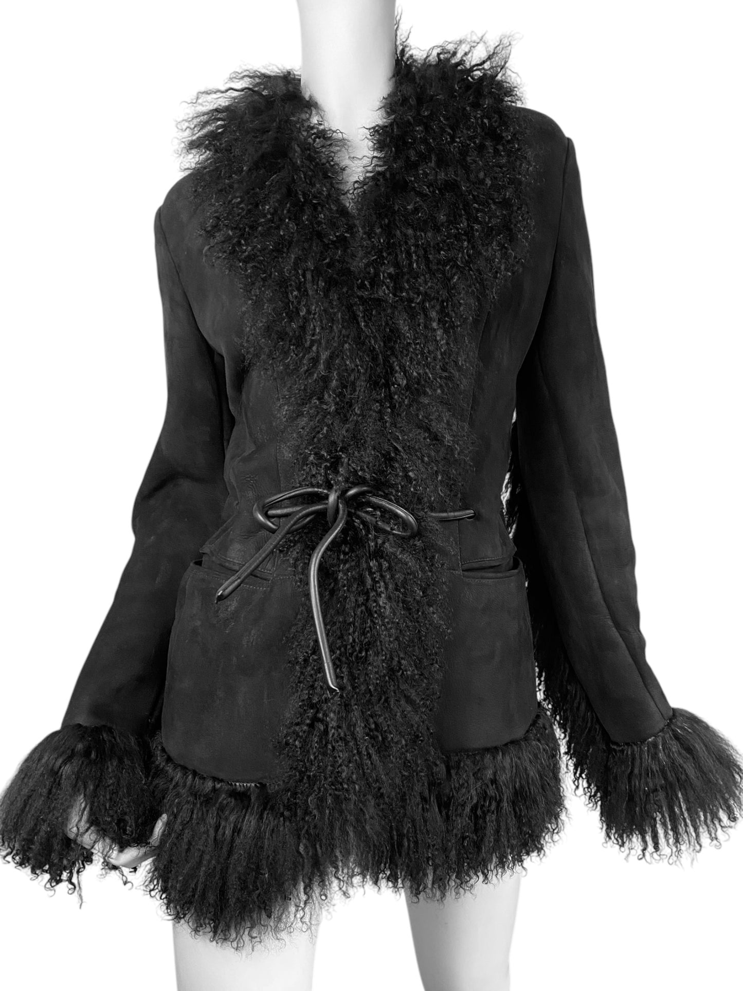 GUCCI FW1999 BY TOM FORD BLACK LEATHER & MONGOLIAN LAMB FUR TRIM JACKET