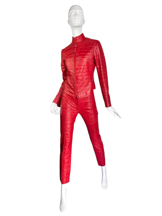 FAYÇAL AMOR SS2004 RED LAMB LEATHER DARTED 2P. SET (JACKET + PANTS)