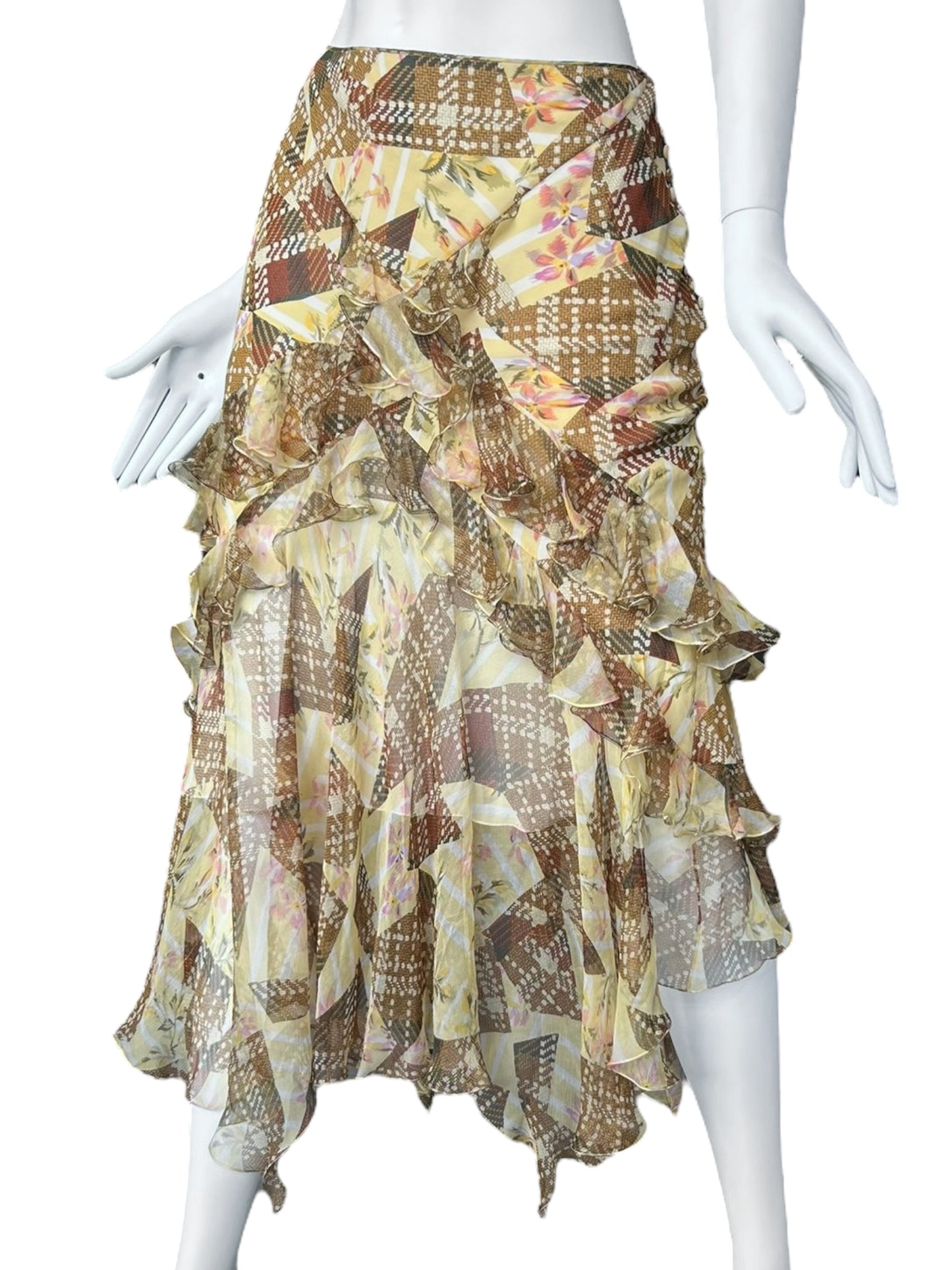 JOHN GALLIANO FW2004 YELLOW & BROWN TARTAN SILK RUFFLES MAXI SKIRT