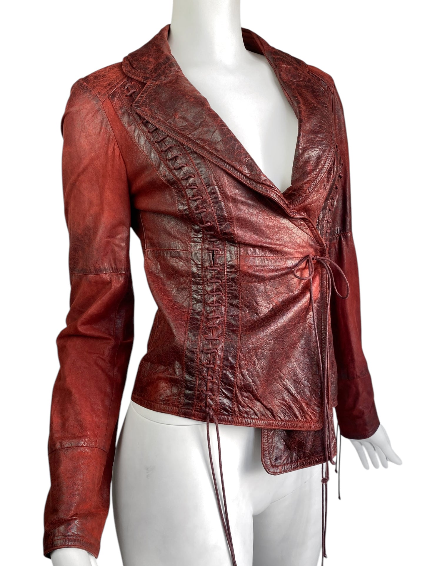 PLEIN SUD FW2002 RED DISTRESSED LEATHER LACE-UP JACKET