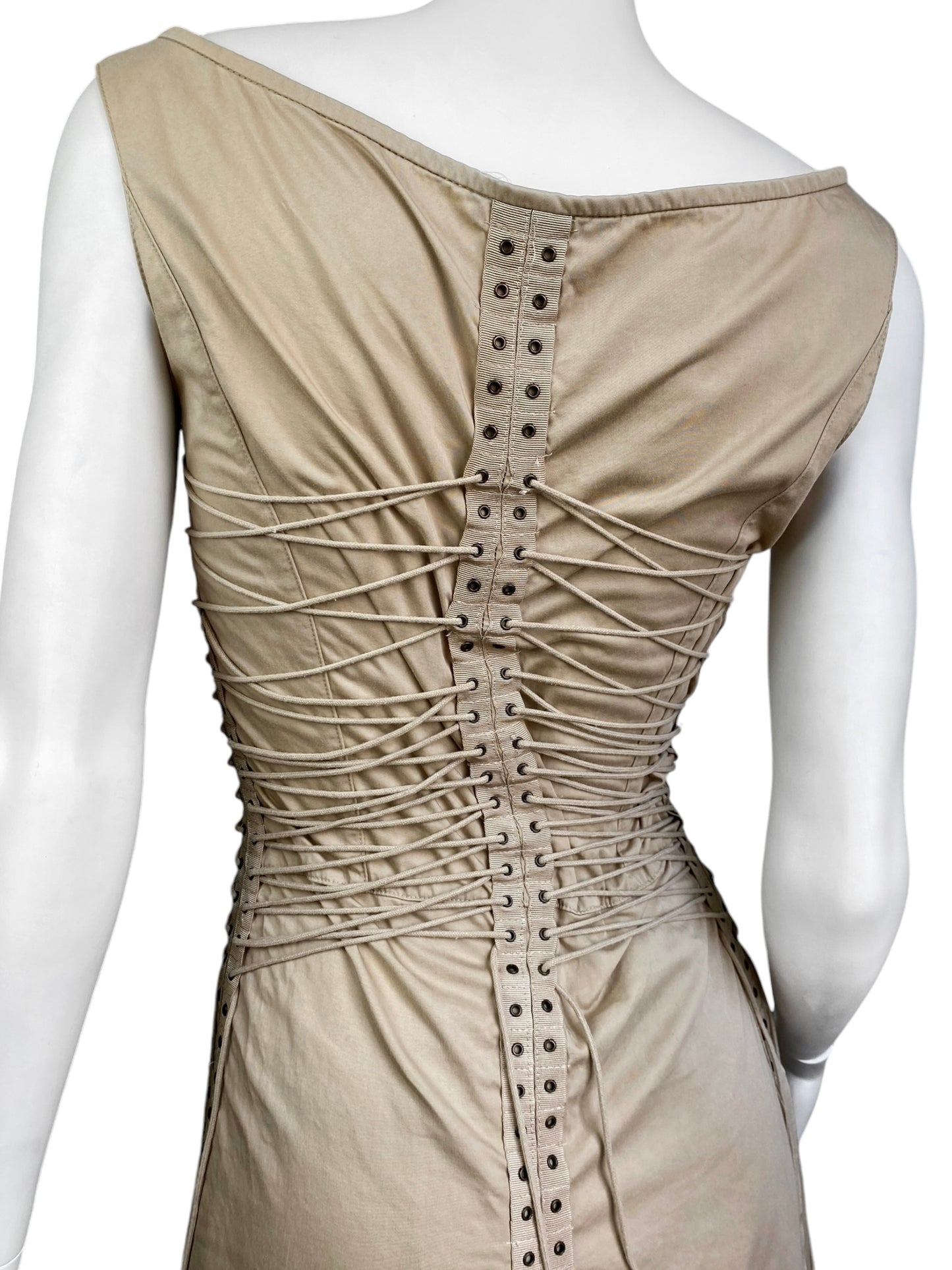 PLEIN SUD SS2003 BEIGE LACE-UP BONDAGE MIDI DRESS