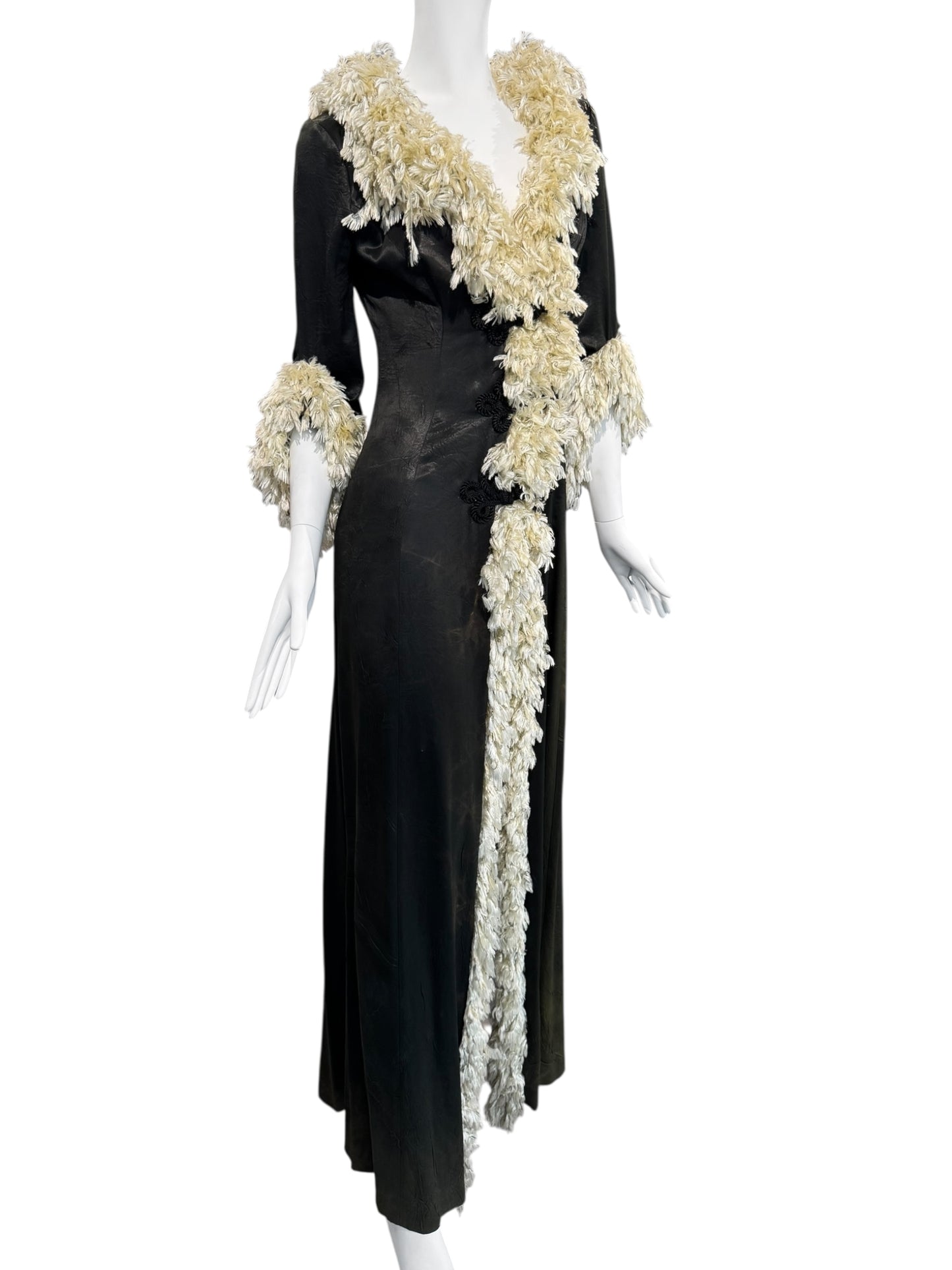 FAYÇAL AMOR FW1994 DARK GREEN FEATHERS COLLAR MAXI DRESS/COAT