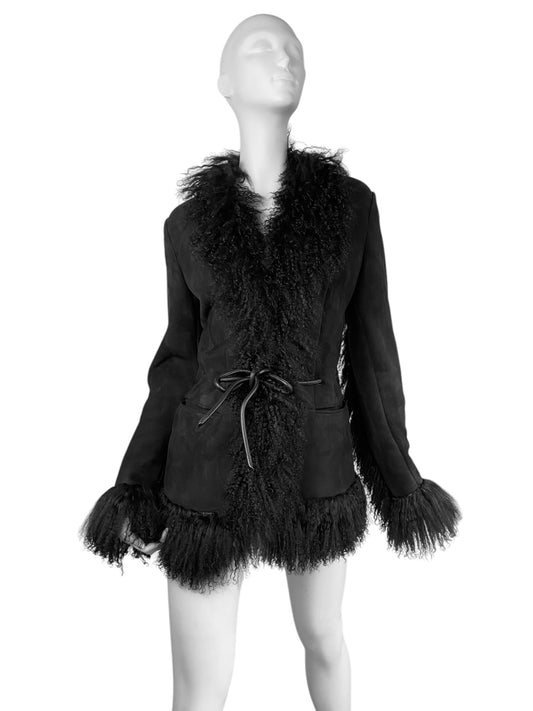 GUCCI FW1999 BY TOM FORD BLACK LEATHER & MONGOLIAN LAMB FUR TRIM JACKET