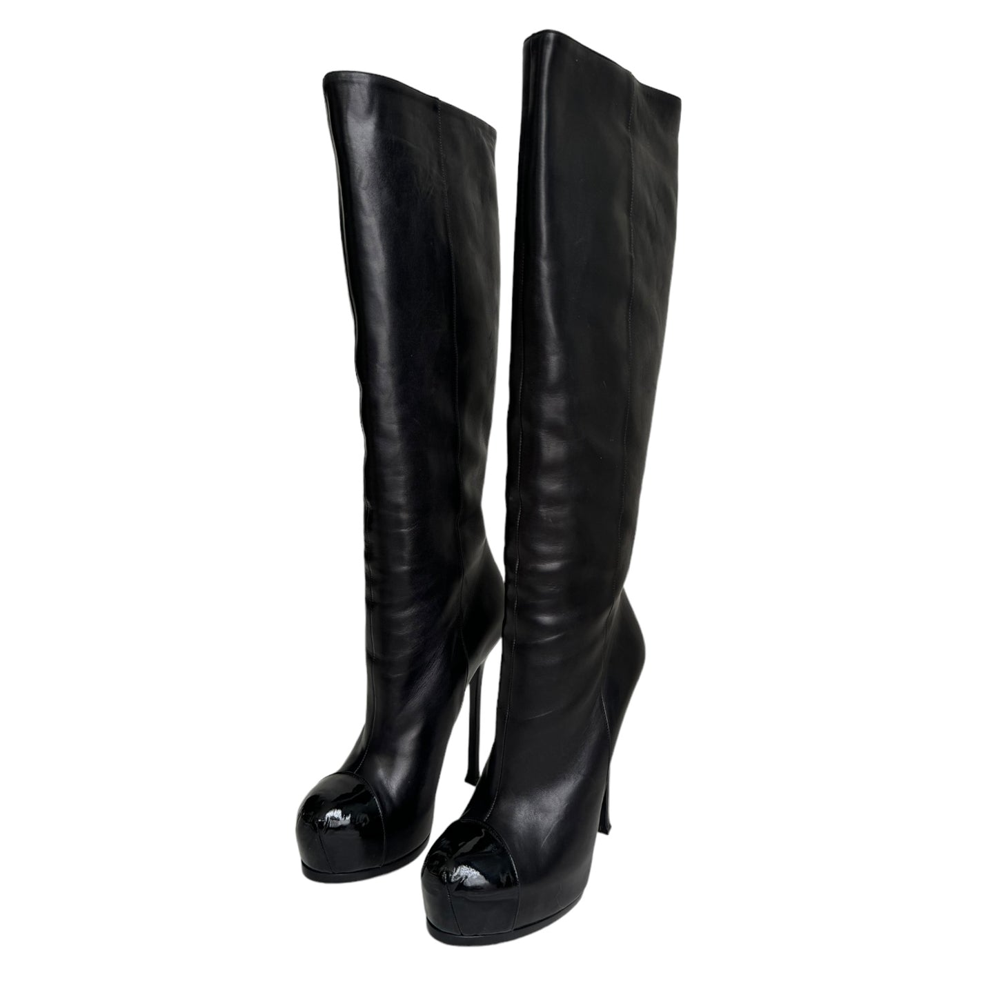 YVES SAINT LAURENT FW2008 BY STEFANO PILATI BLACK LEATHER TRIBTOO TOE-CAP BOOTS