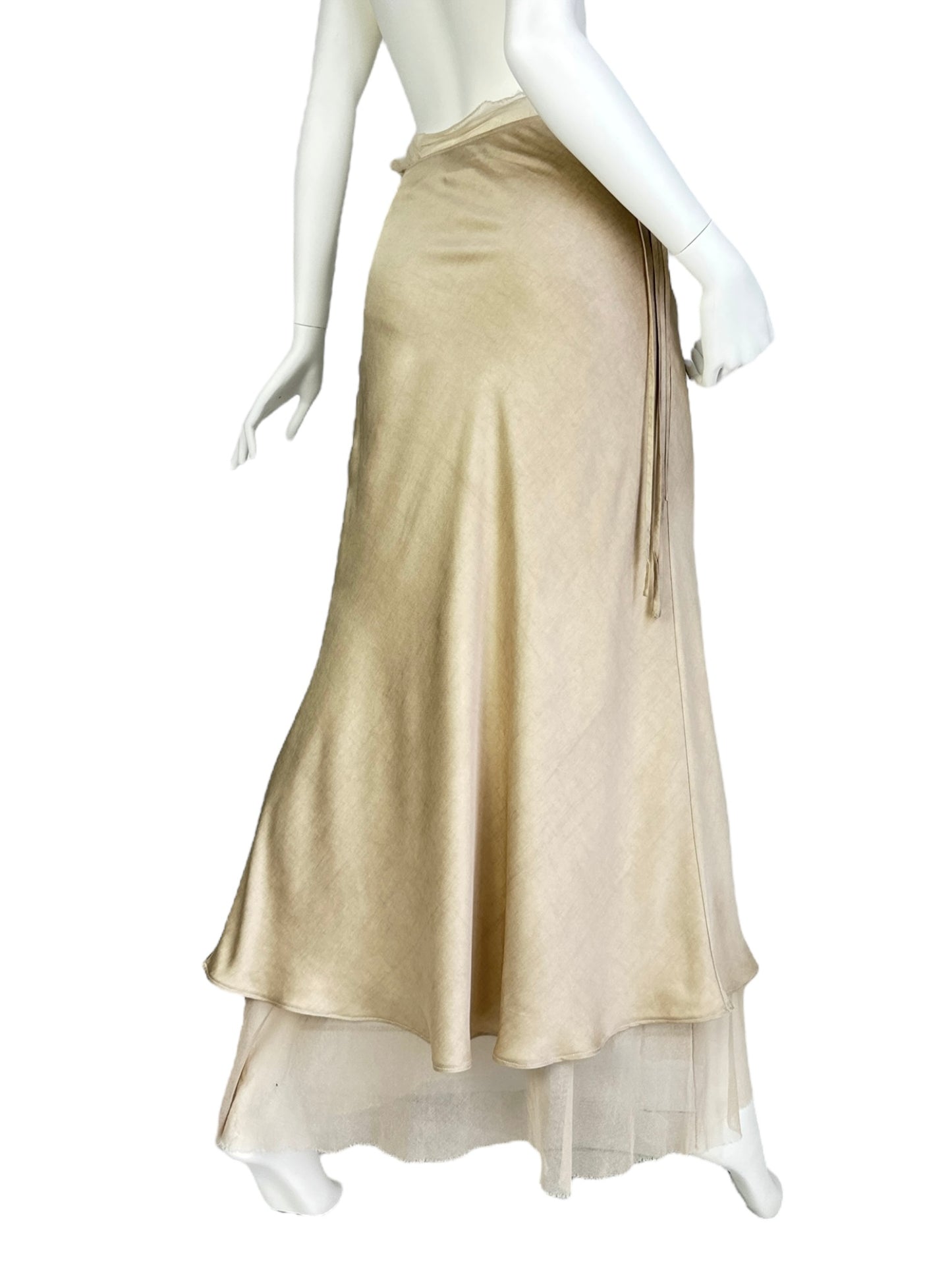 FAYÇAL AMOR 2000s BEIGE SATIN TULLE LACED MAXI SKIRT