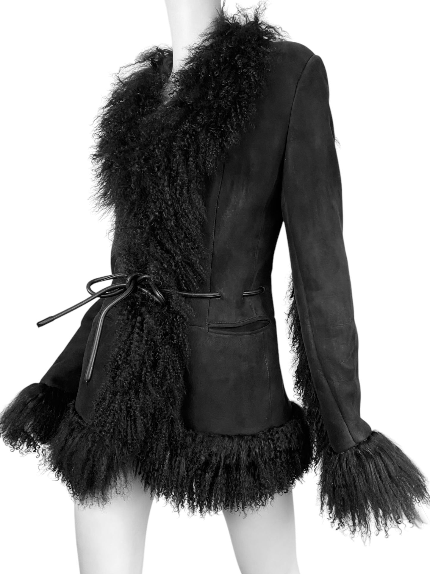 GUCCI FW1999 BY TOM FORD BLACK LEATHER & MONGOLIAN LAMB FUR TRIM JACKET