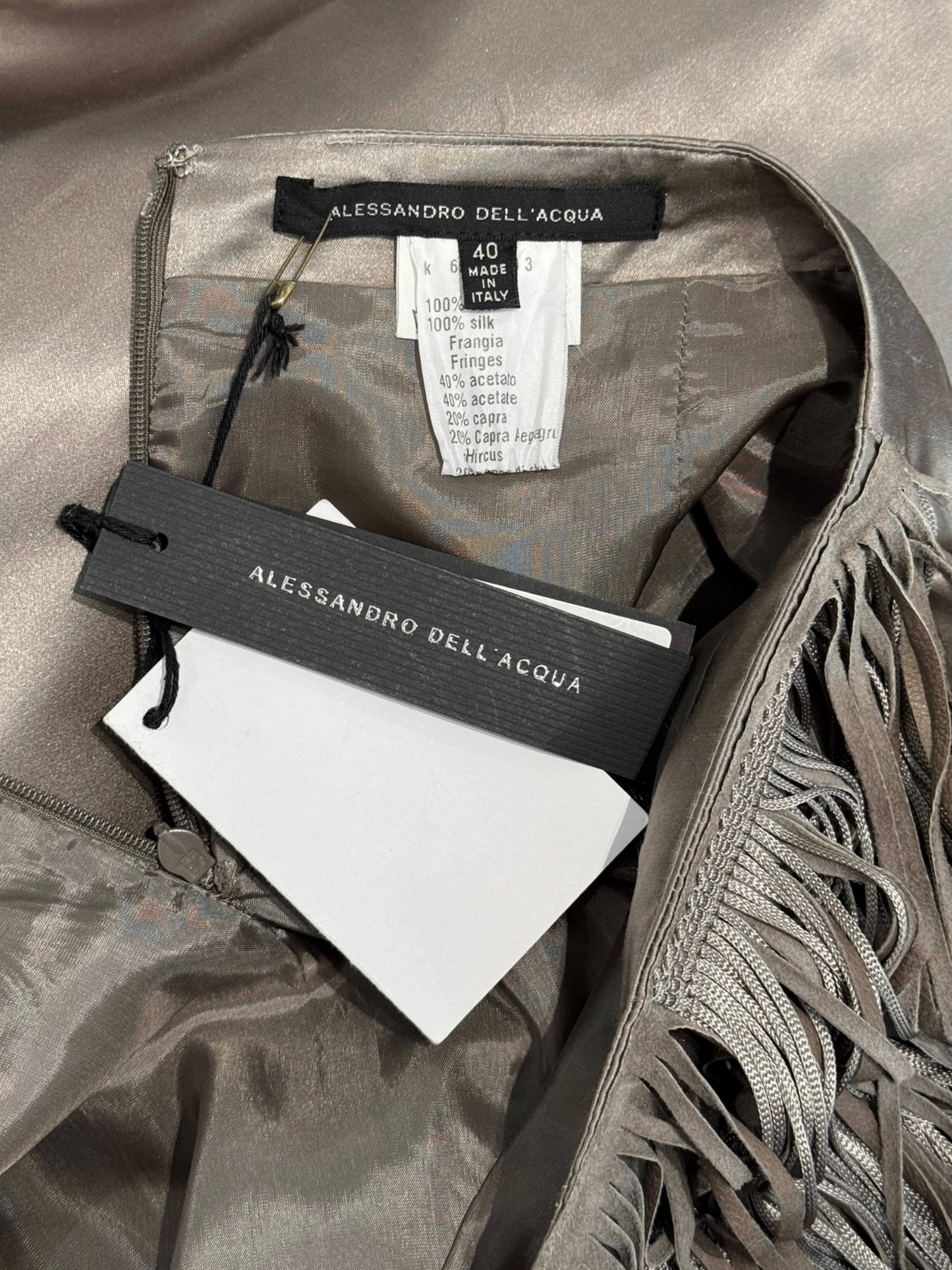 ALESSANDRO DELL’ACQUA SS2009 GREY SILK, OSTRICH FEATHERS & PEARLS FRINGES MIDI SKIRT