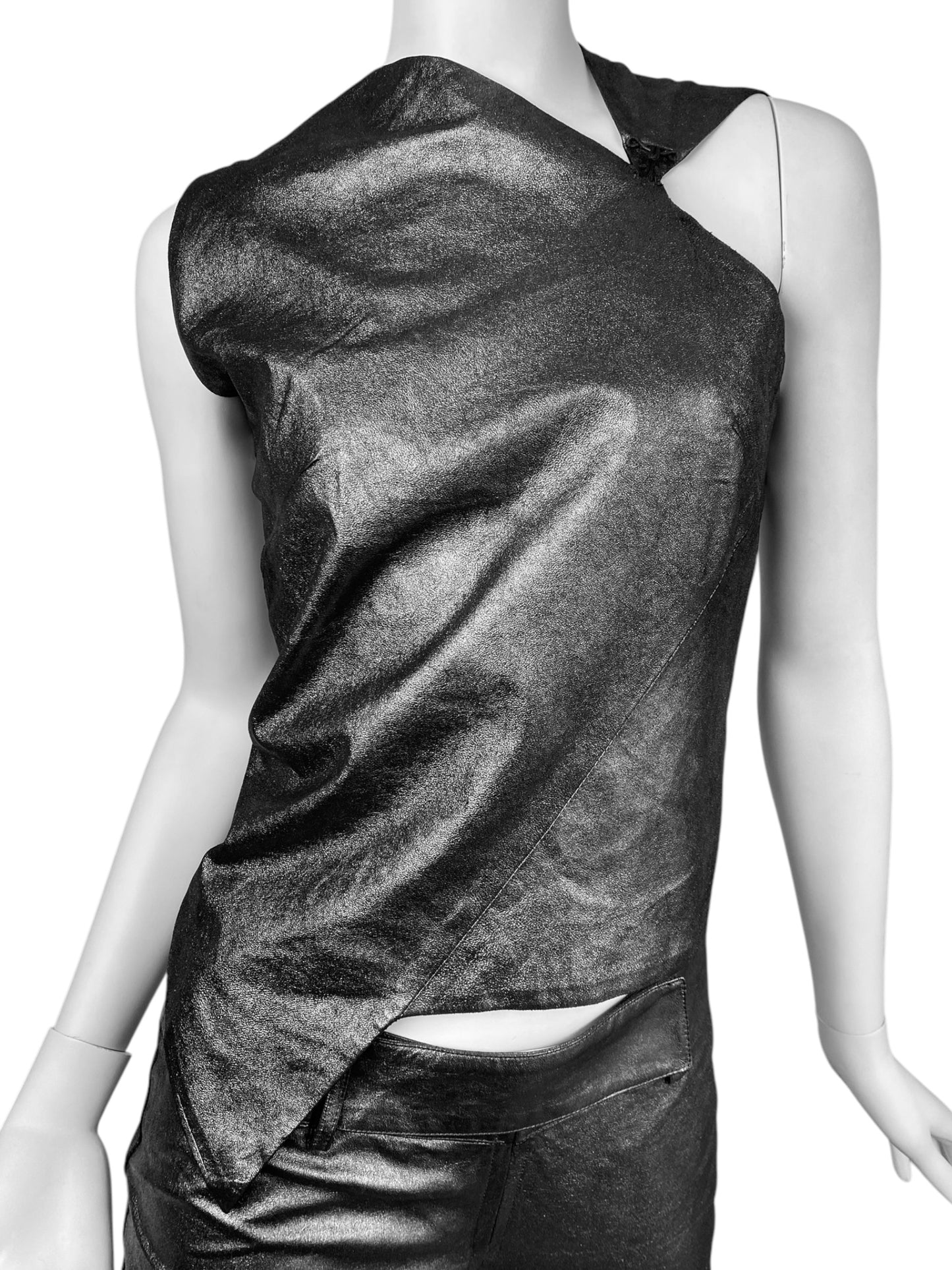 PLEIN SUD 1990s METALLIC GREY LEATHER ASYMMETRICAL TANK TOP