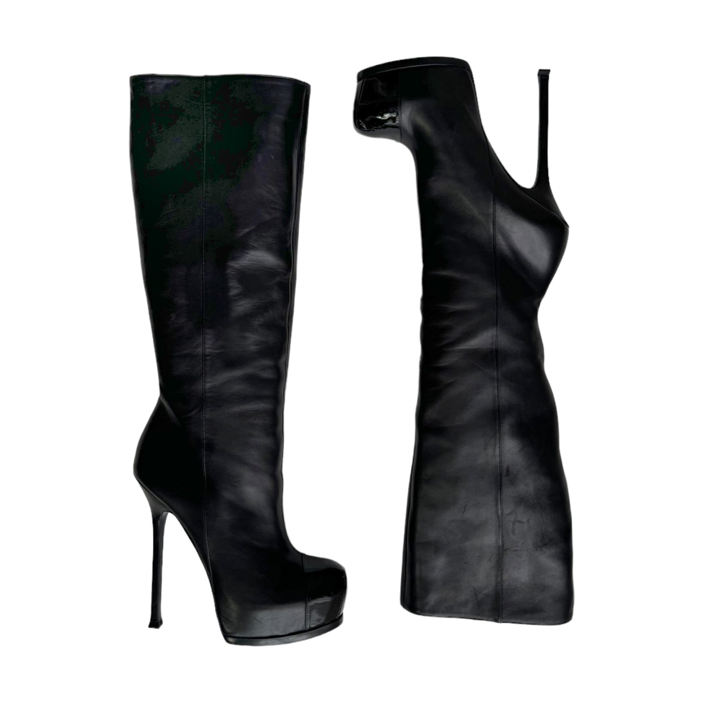 YVES SAINT LAURENT FW2008 BY STEFANO PILATI BLACK LEATHER TRIBTOO TOE-CAP BOOTS