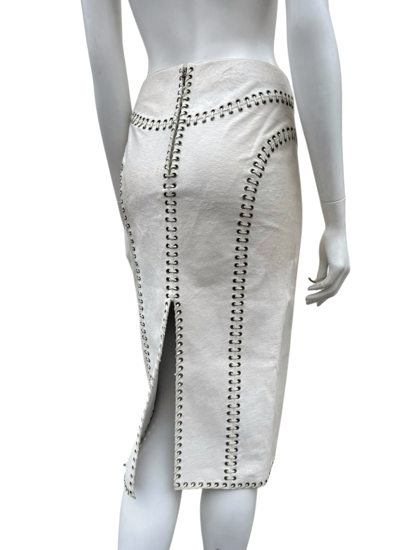 ALEXANDER MCQUEEN PRE-FALL 2010 WHITE PONY HAIR LACE-UP MIDI SKIRT