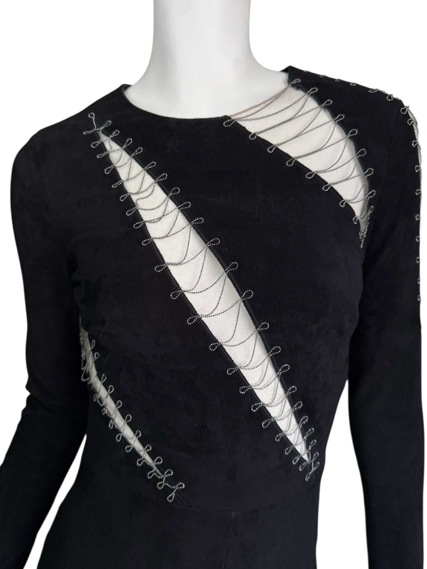 JITROIS 2000s BLACK SUEDE LEATHER TULLE CUT OUT MINI DRESS