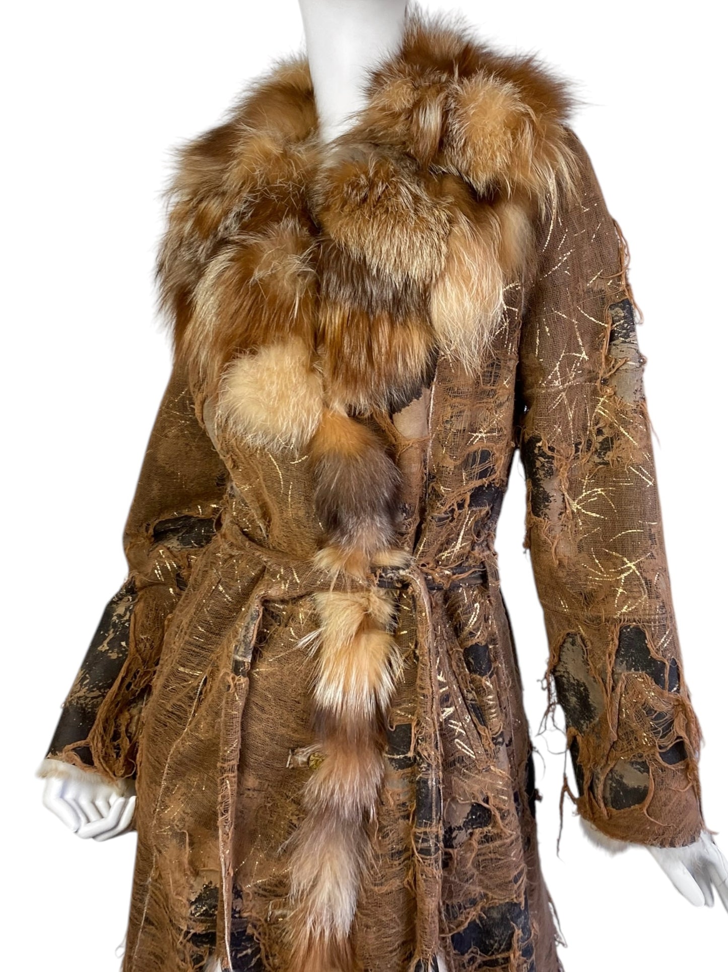 AMORETTI 2000s BROWN FOX FUR & GOLD LEAVES DISTRESSED COAT