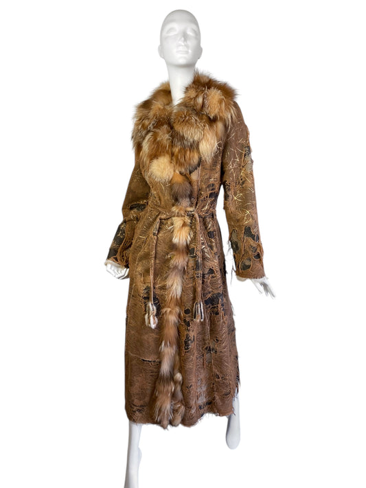 AMORETTI 2000s BROWN FOX FUR & GOLD LEAVES DISTRESSED COAT