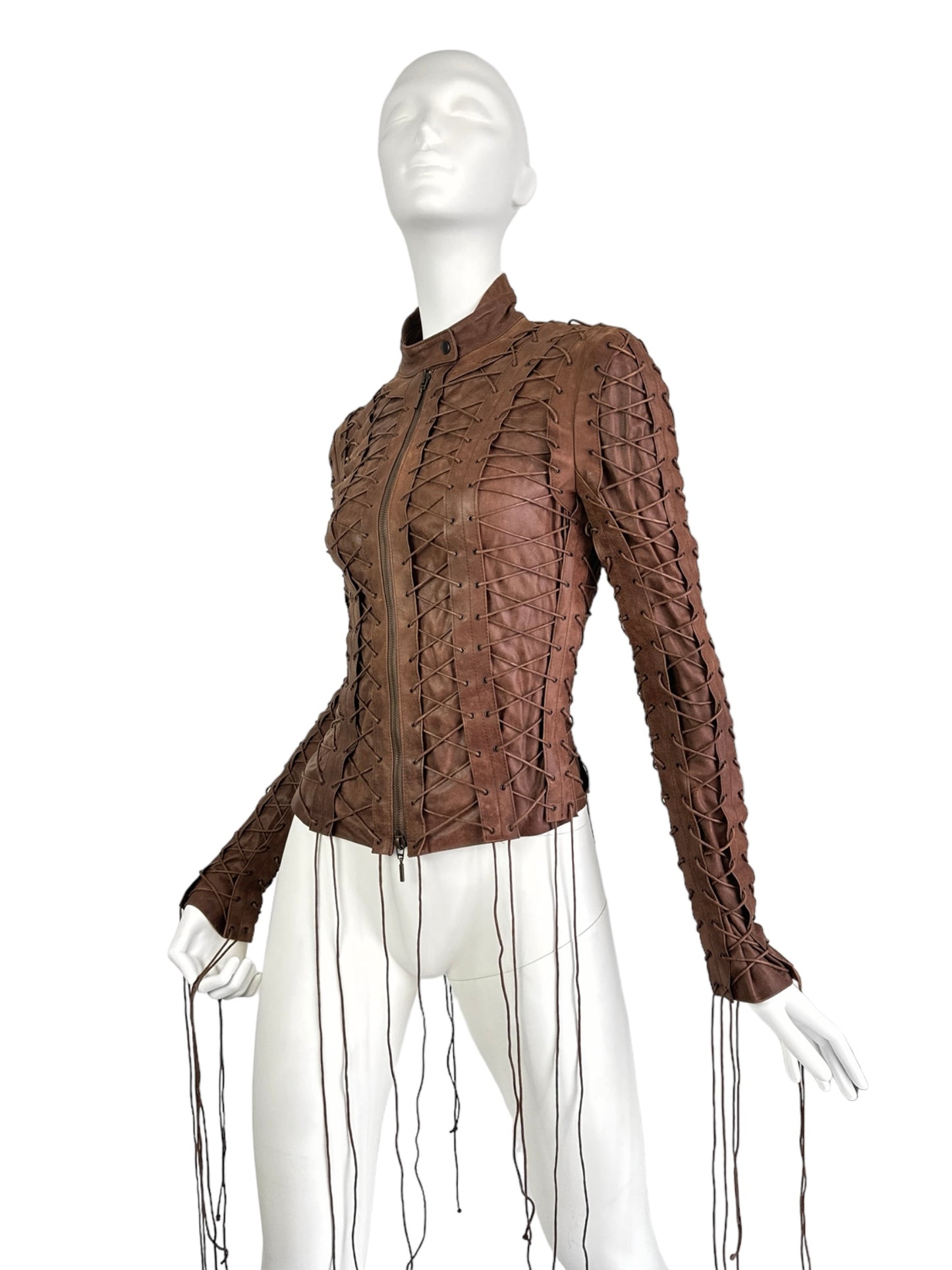 PLEIN SUD FW2002 BROWN LEATHER LACE-UP CAGE JACKET