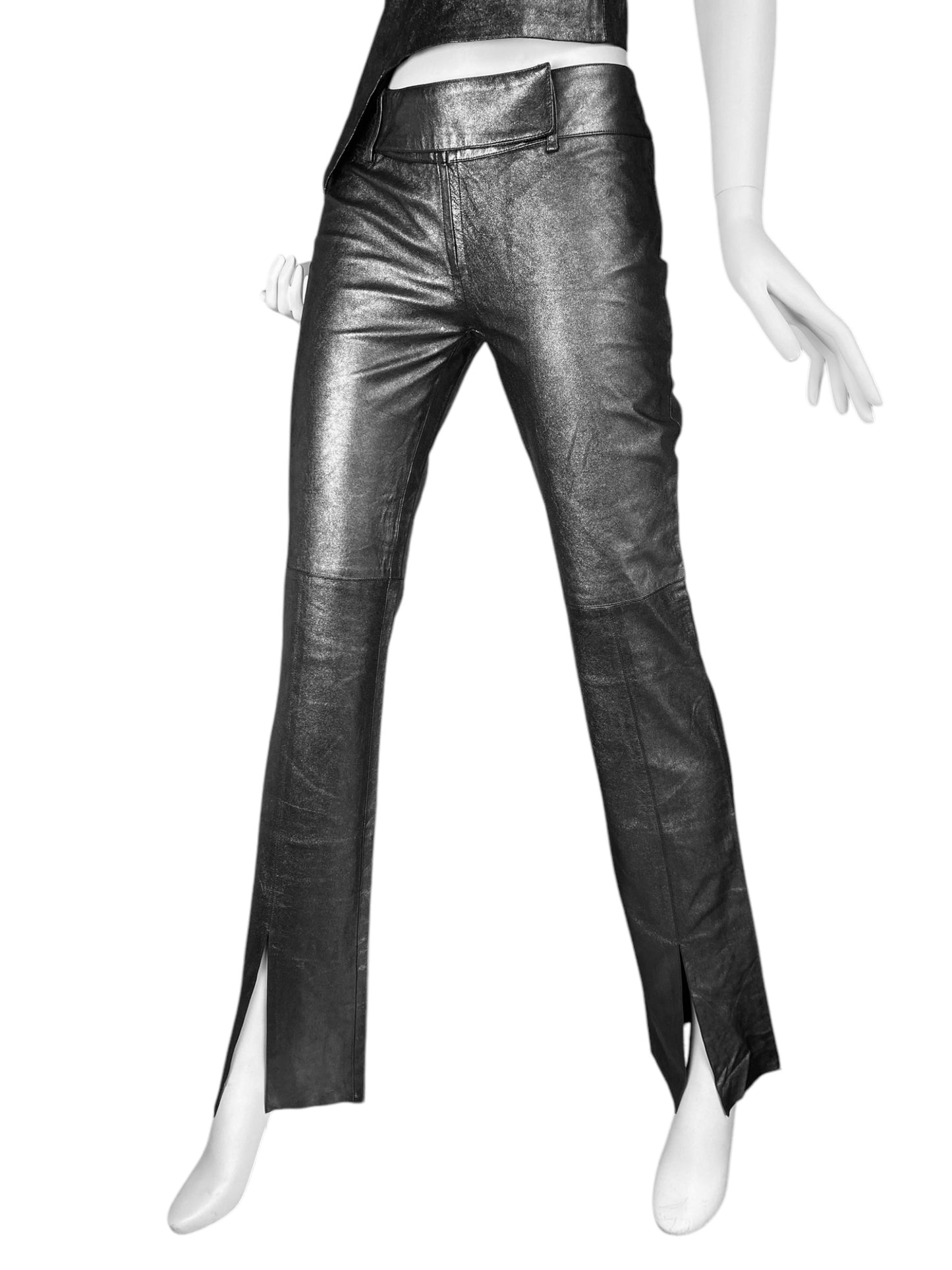 PLEIN SUD 1990s METALLIC GREY LEATHER PANTS