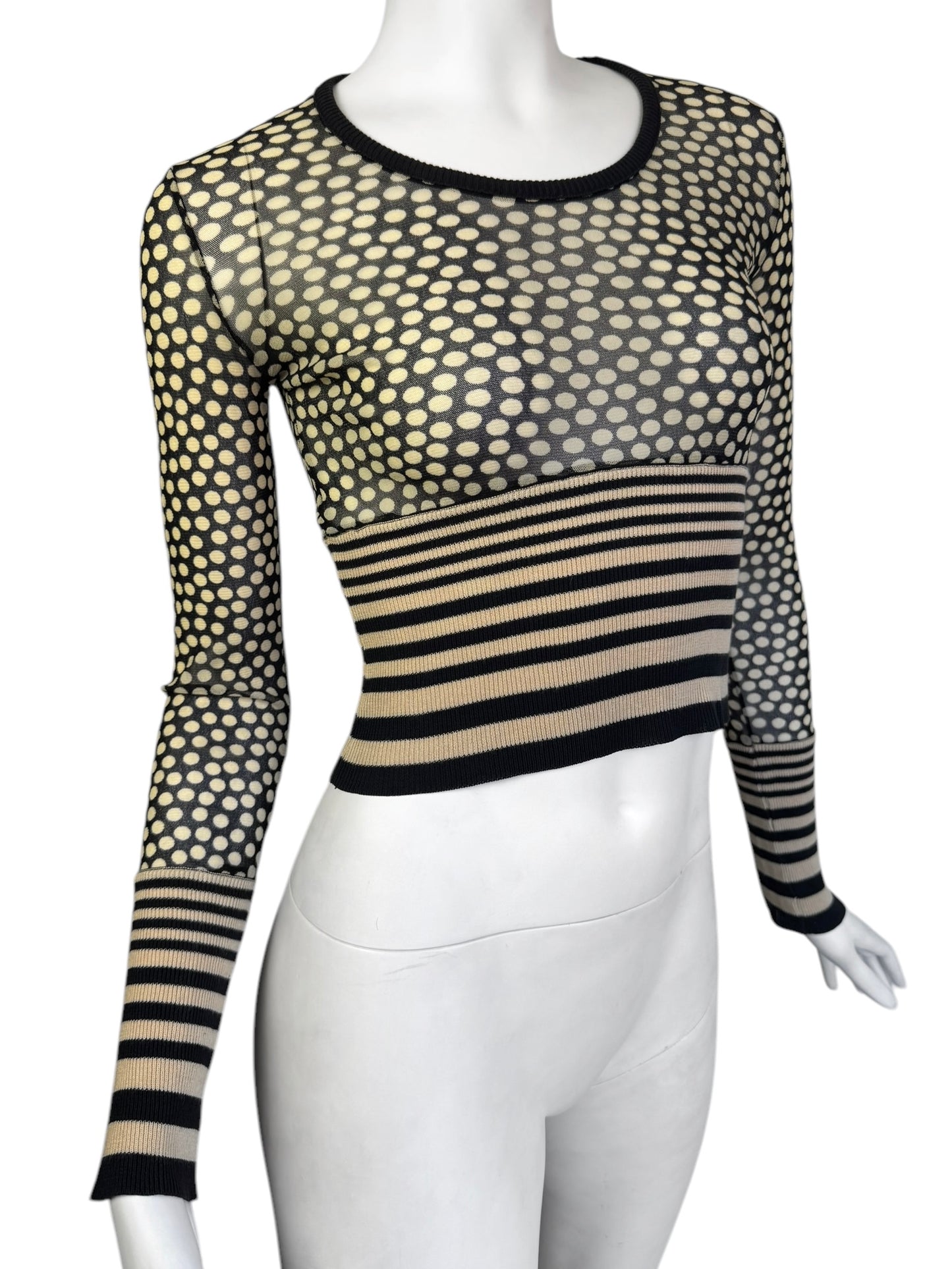 JEAN PAUL GAULTIER 2000s BEIGE & BLACK MESH POLKA DOT TOP