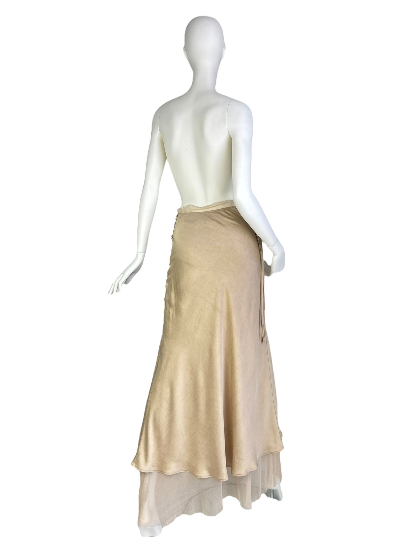 FAYÇAL AMOR 2000s BEIGE SATIN TULLE LACED MAXI SKIRT