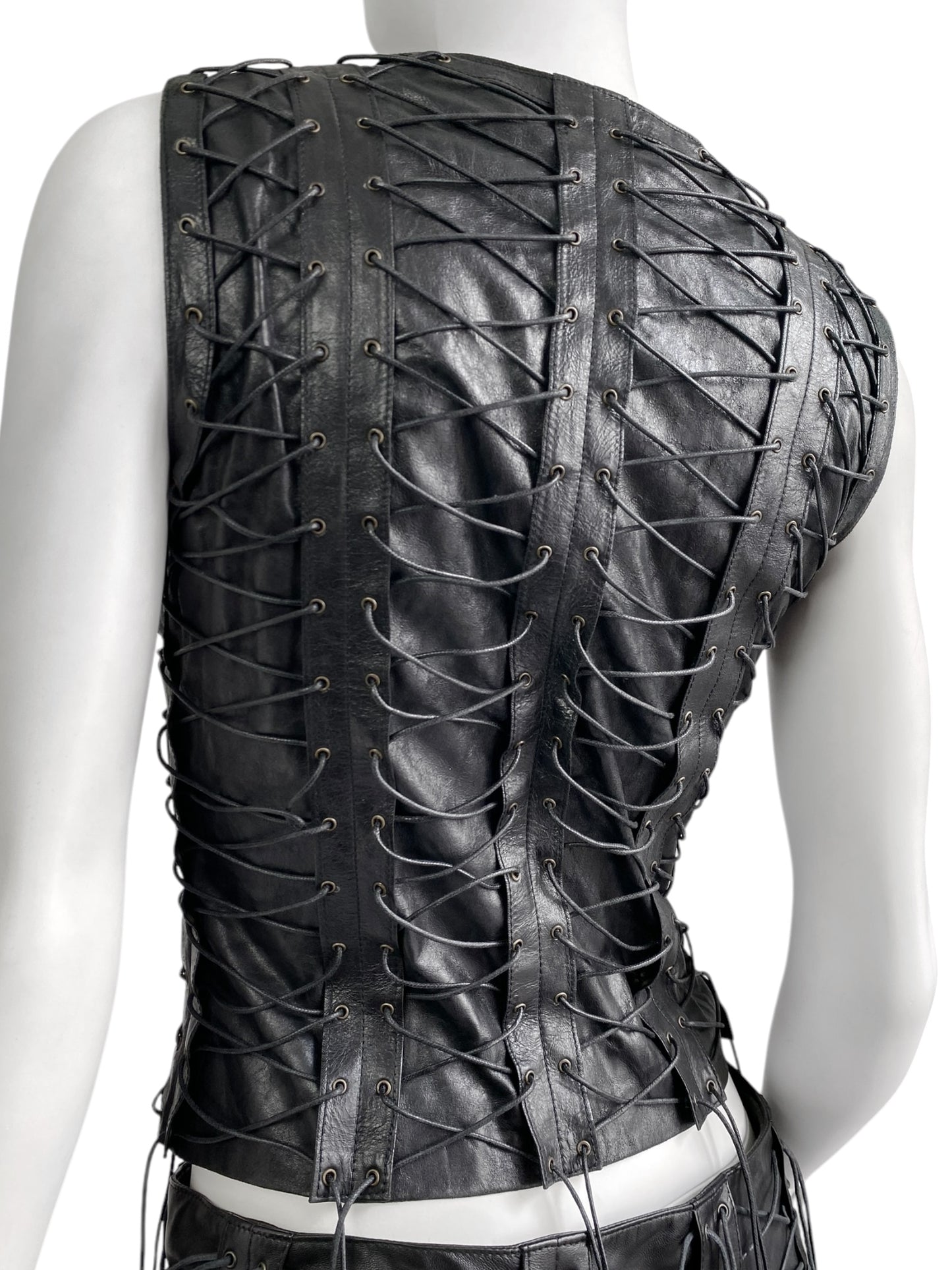 PLEIN SUD FW2002 BLACK LEATHER LACE-UP CAGE SLEEVELESS JACKET