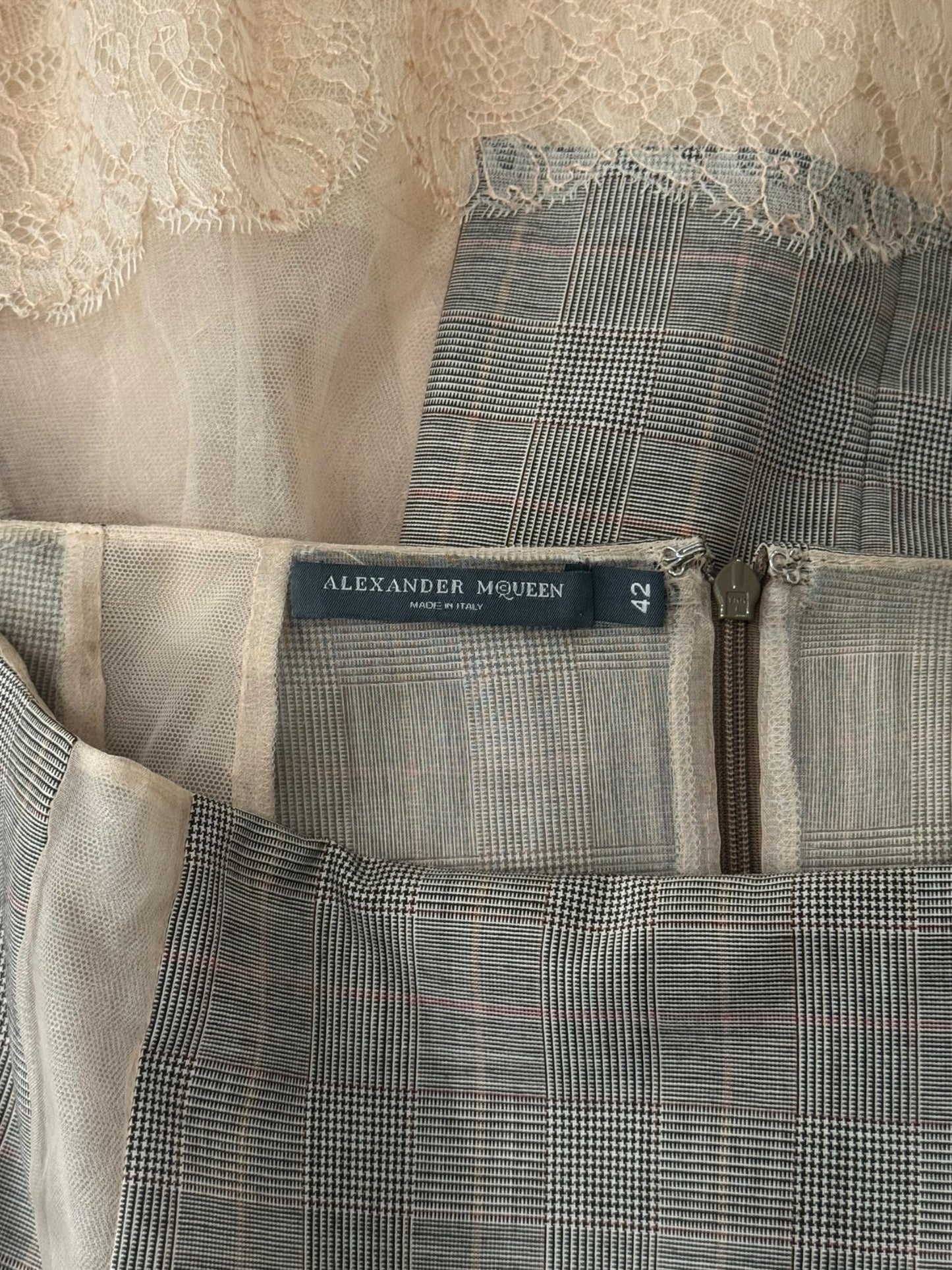 ALEXANDER MCQUEEN SS2004 «DELIVERANCE» GREY & BEIGE CHECK LACE HEM MIDI SKIRT