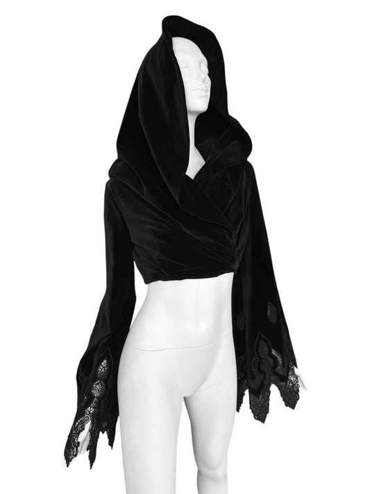 FAYÇAL AMOR FW1994 BLACK VELVET SCULPTURAL HOODED CROP JACKET