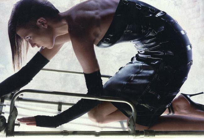 PLEIN SUD FW2001 BLACK LEATHER BONDAGE BUSTIER MINI DRESS
