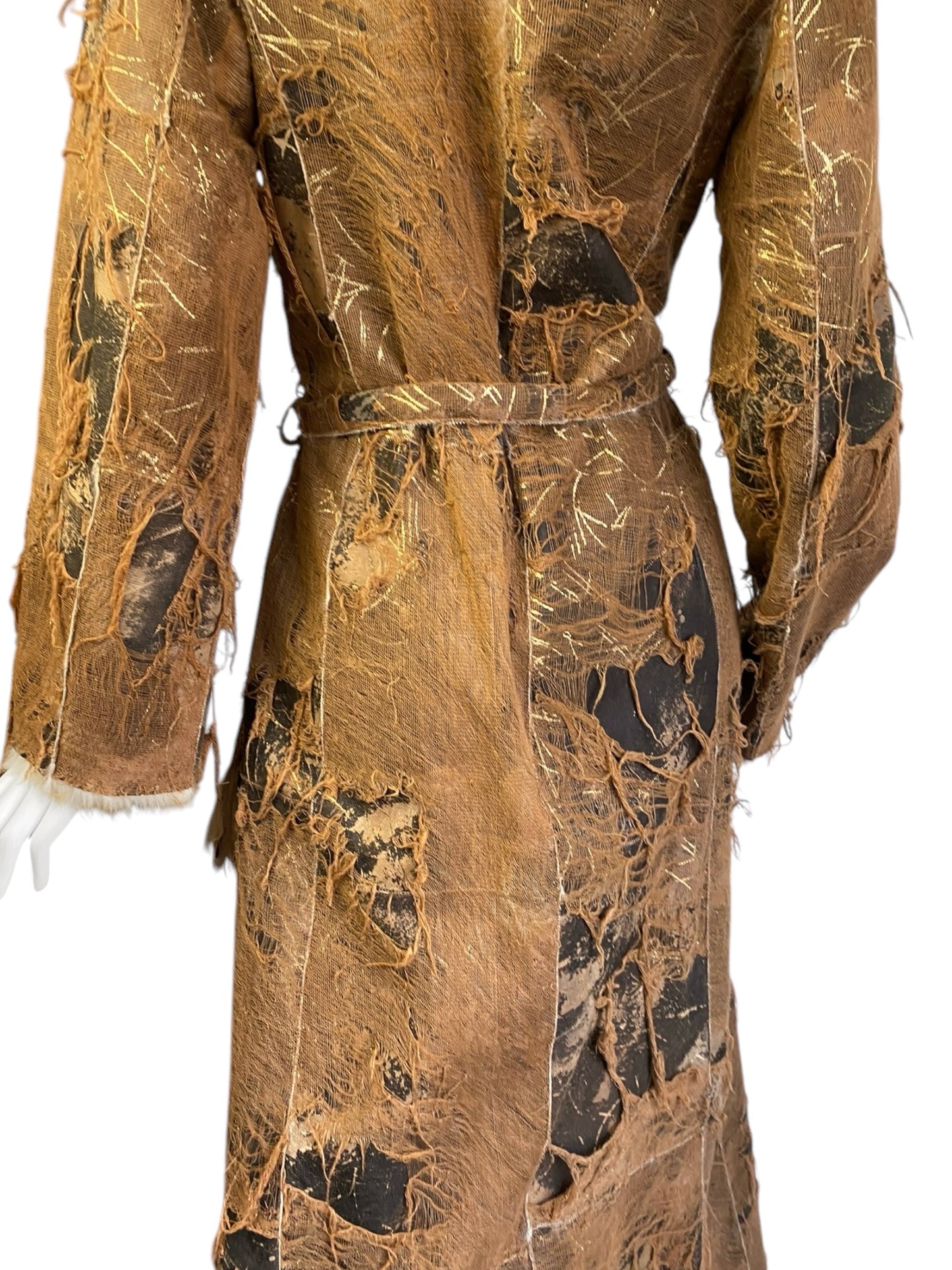 AMORETTI 2000s BROWN FOX FUR & GOLD LEAVES DISTRESSED COAT