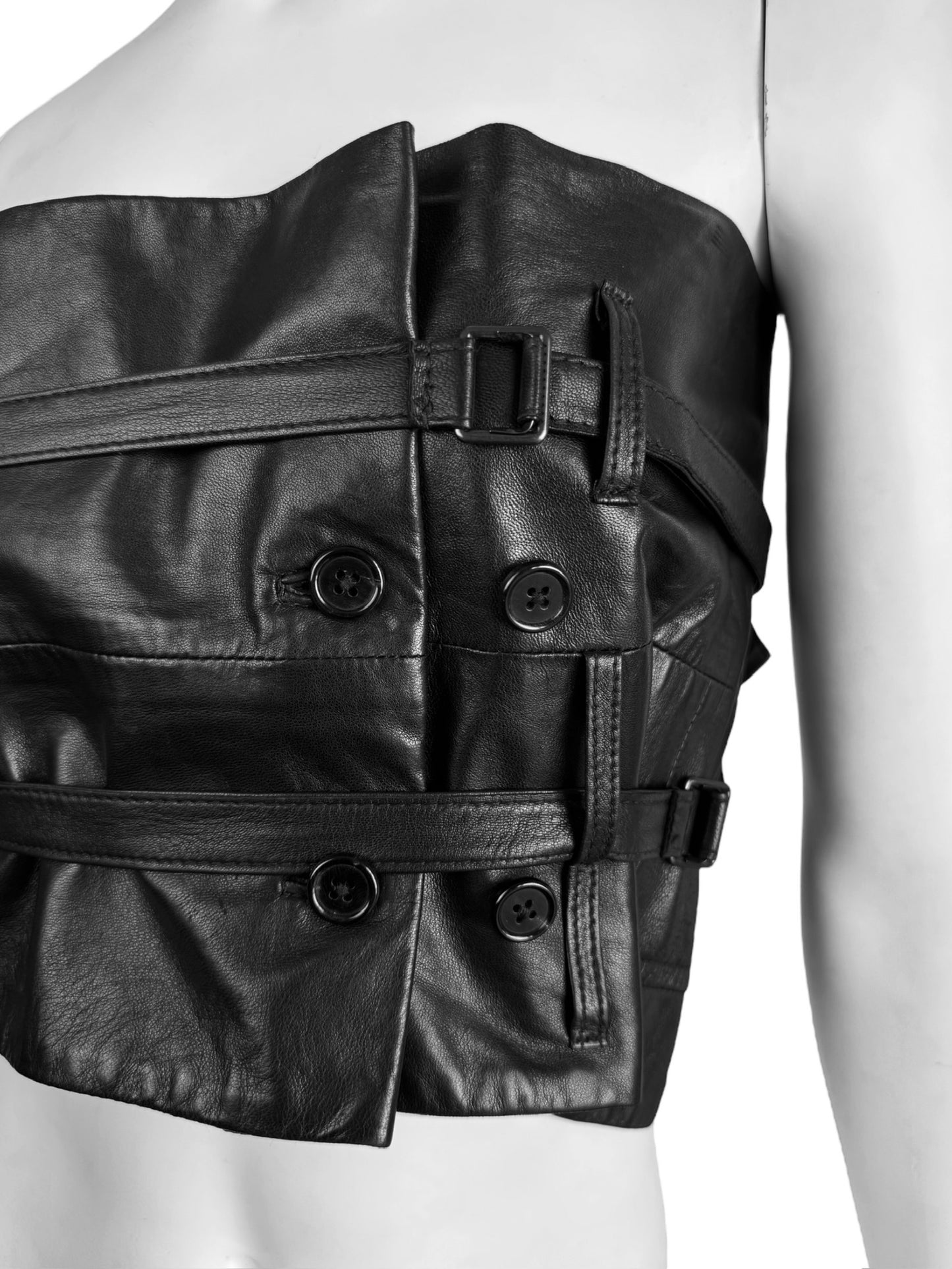 ANN DEMEULEMEESTER FW2010 BLACK LEATHER STRAPS BONDAGE BUSTIER TOP/CORSET