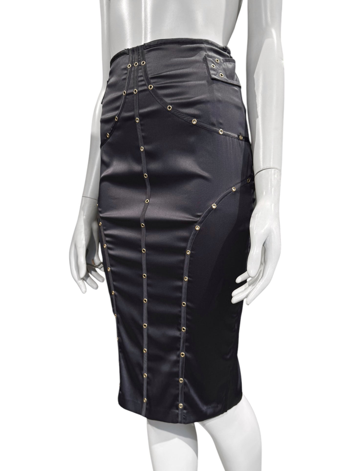 GUCCI FW2003 BY TOM FORD GREY SILK BLEND EYELET PENCIL SKIRT