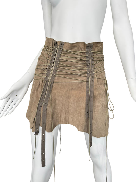 PLEIN SUD SS2003 KHAKI SUEDE LEATHER LACE-UP MINI SKIRT