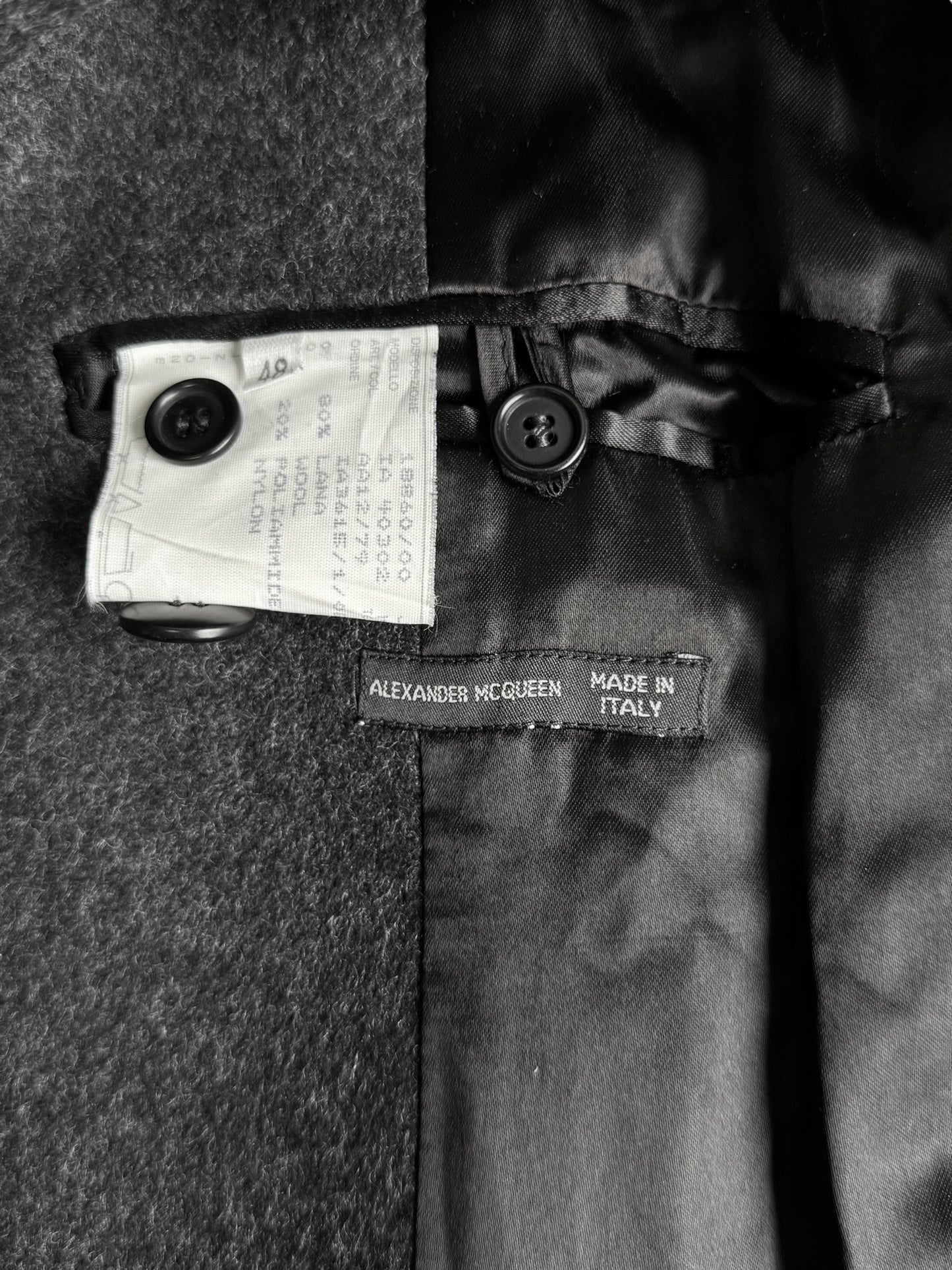ALEXANDER MCQUEEN FW1999 «THE OVERLOOK» DARK GREY WOOL ASYMMETRICAL MAXI COAT