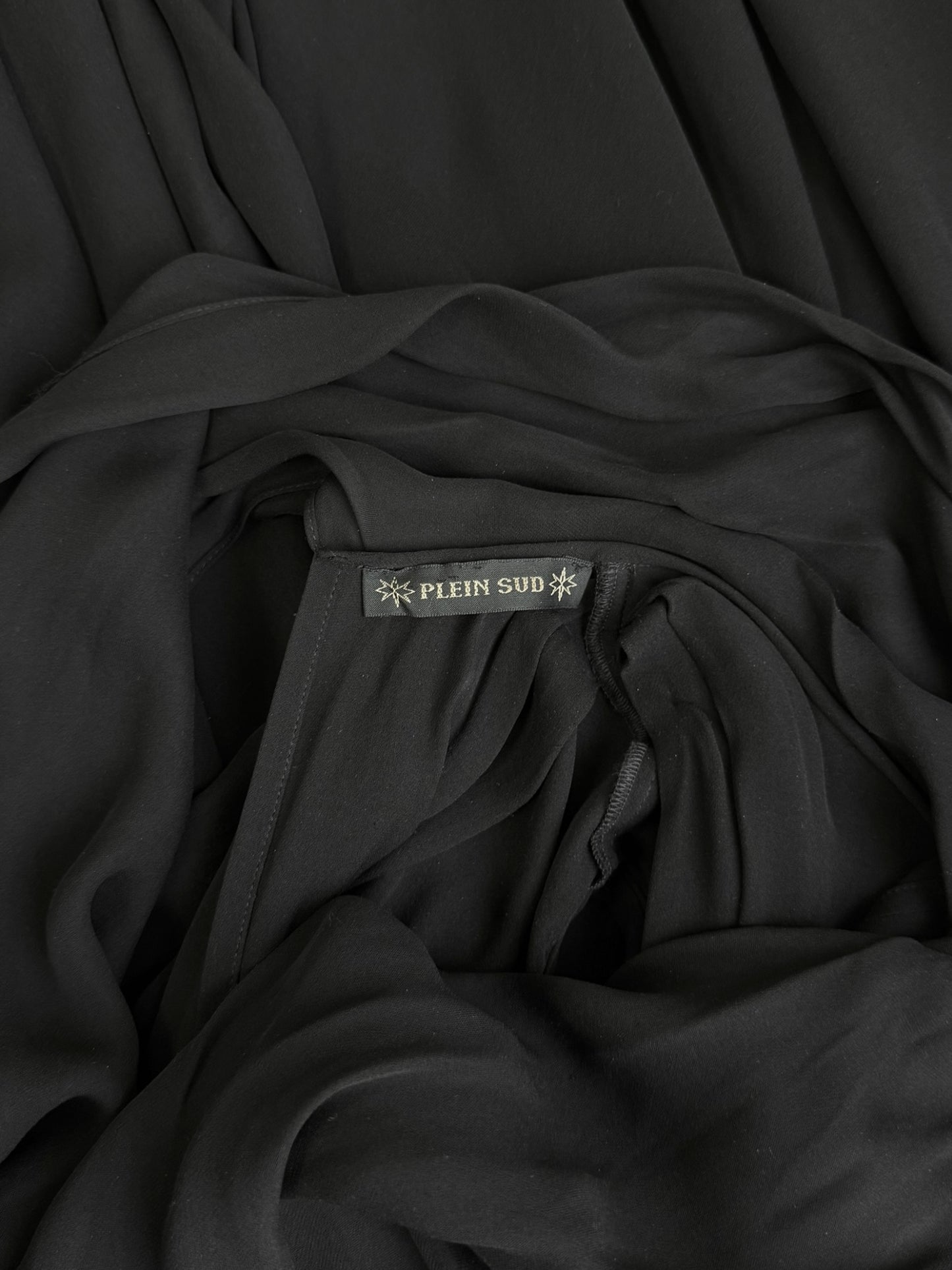 PLEIN SUD PRE-FALL 2014 BLACK SILK DRAPED MAXI DRESS