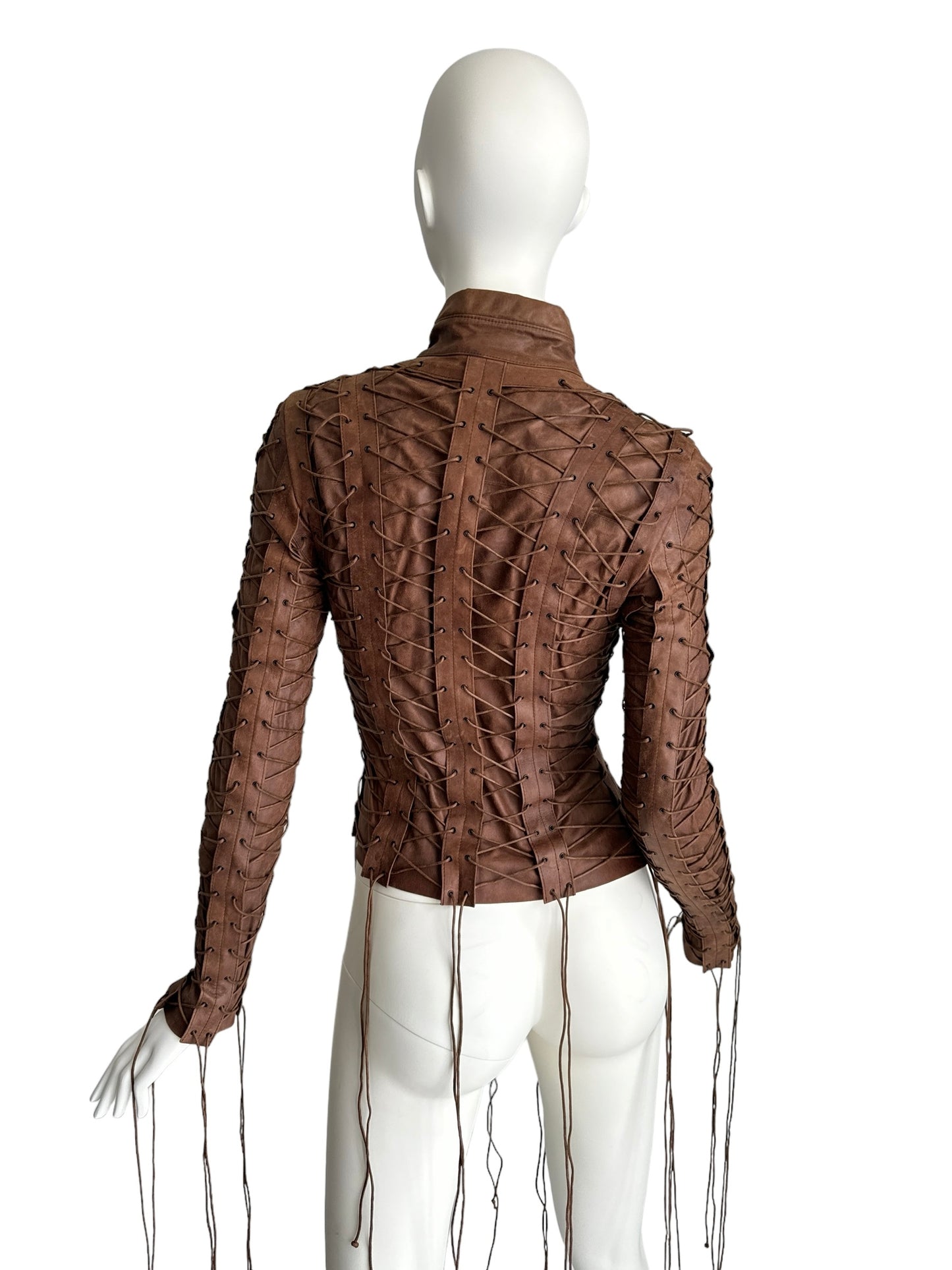 PLEIN SUD FW2002 BROWN LEATHER LACE-UP CAGE JACKET