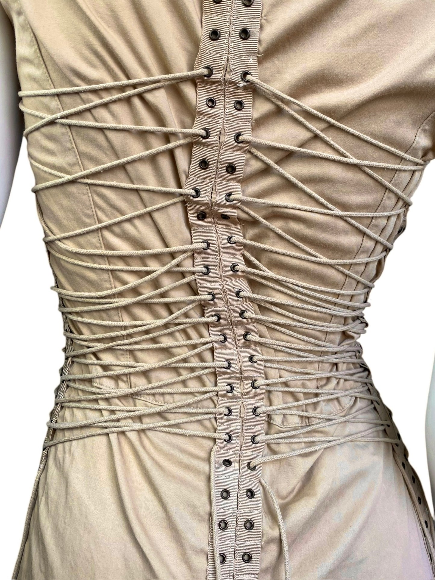 PLEIN SUD SS2003 BEIGE LACE-UP BONDAGE MIDI DRESS