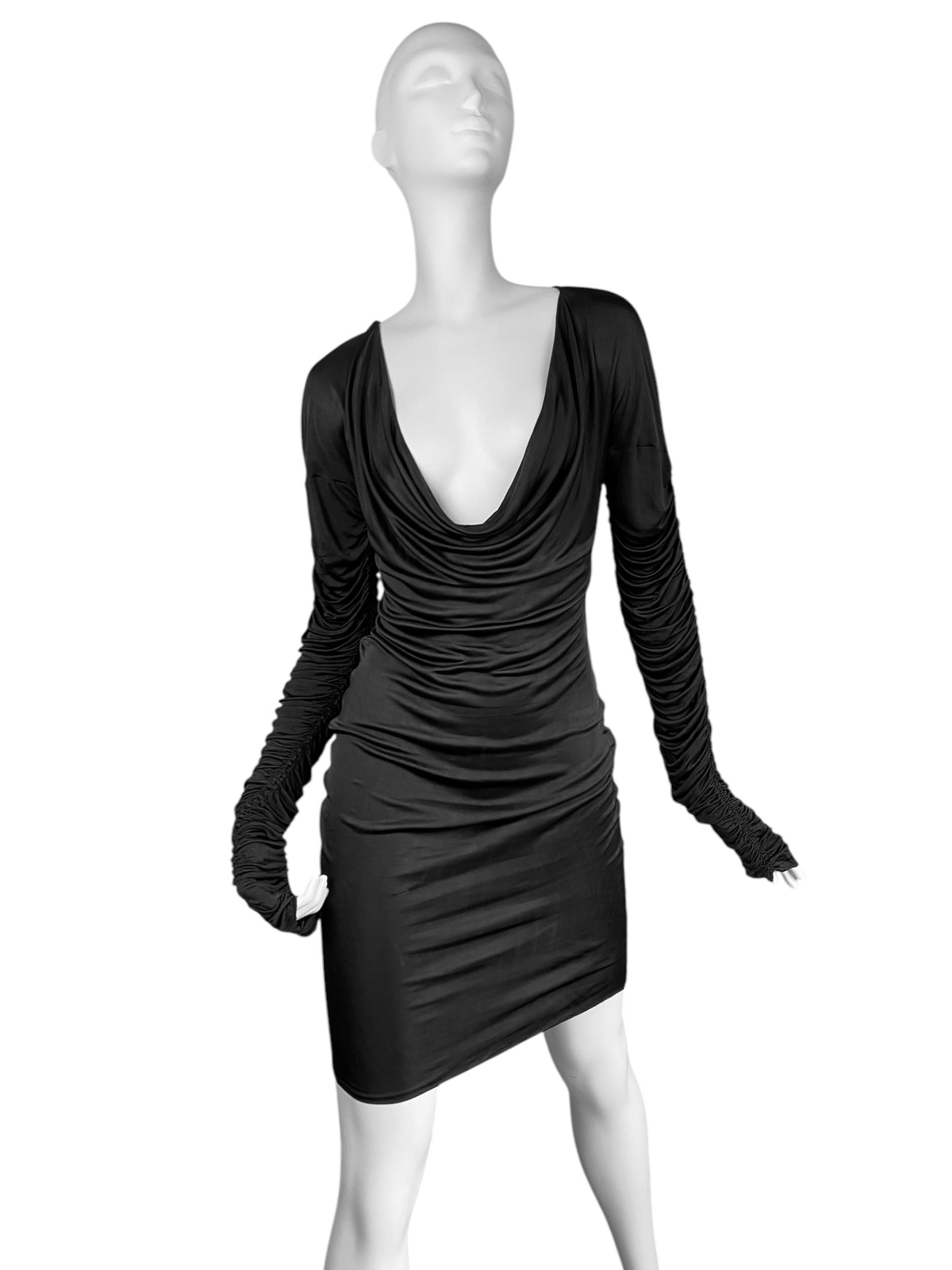 ALEXANDER MCQUEEN SS1996 «THE HUNGER» BLACK RUCHED SLEEVES DRAPED DRESS