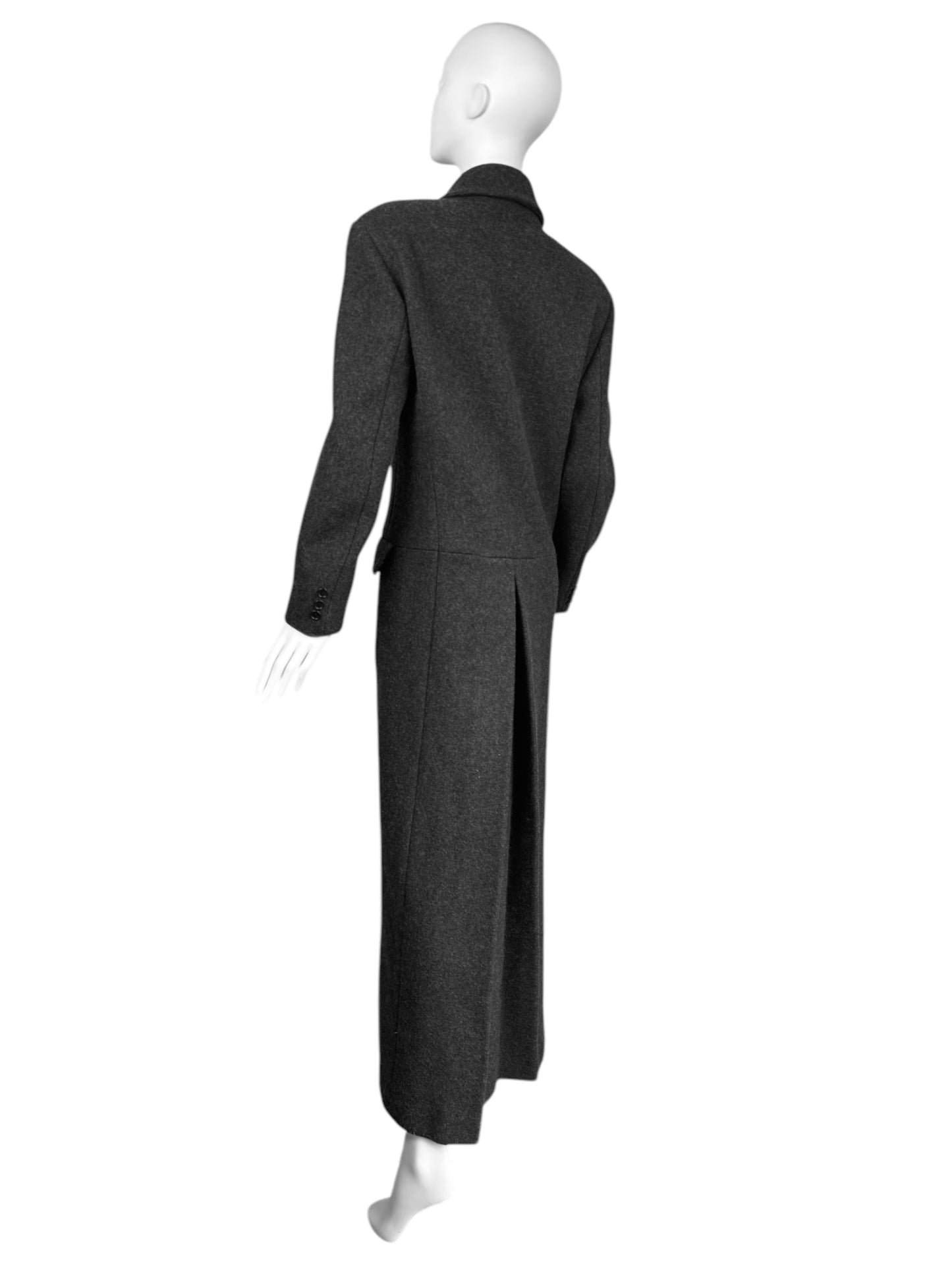 ALEXANDER MCQUEEN FW1999 «THE OVERLOOK» DARK GREY WOOL ASYMMETRICAL MAXI COAT