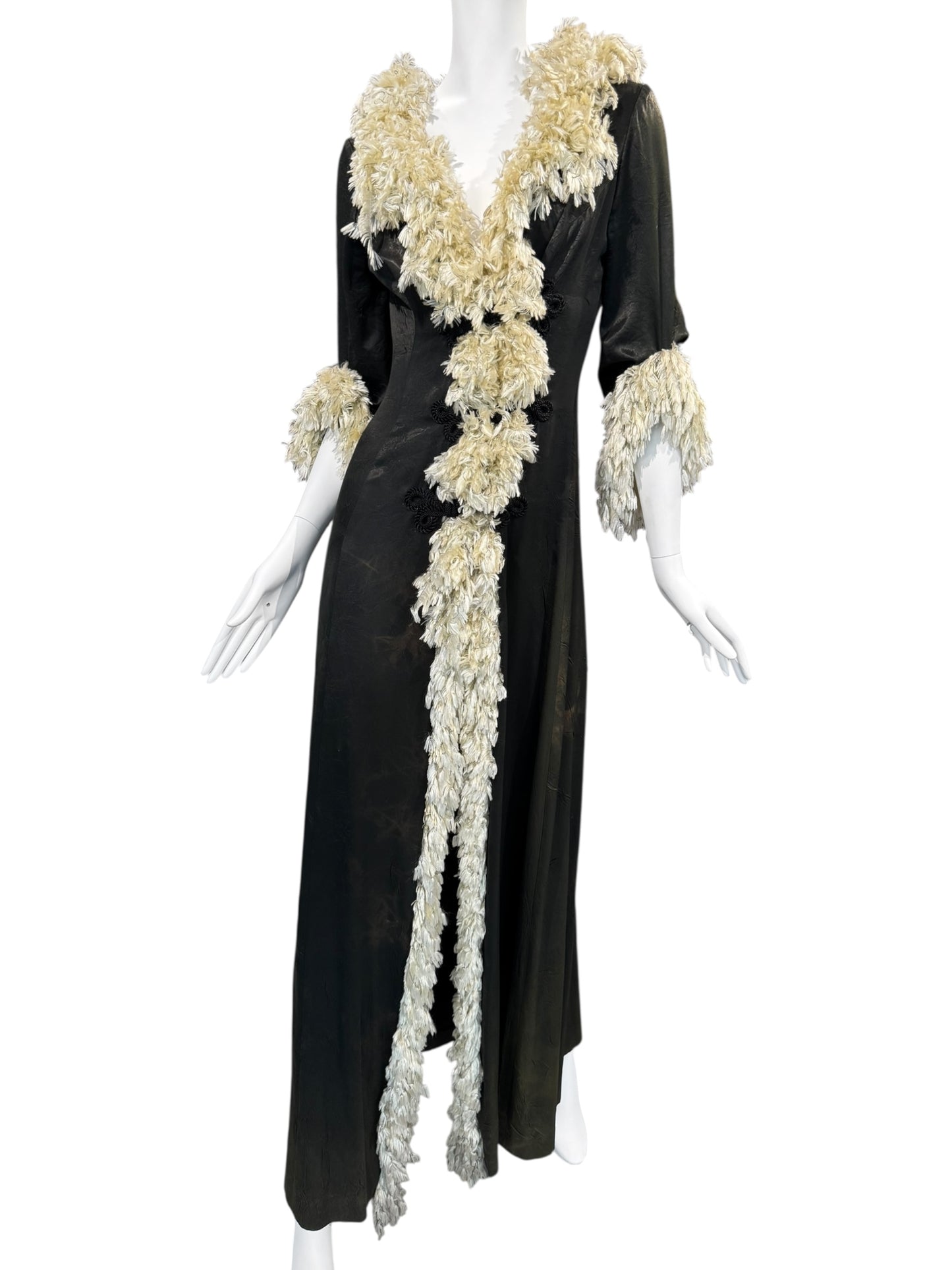 FAYÇAL AMOR FW1994 DARK GREEN FEATHERS COLLAR MAXI DRESS/COAT