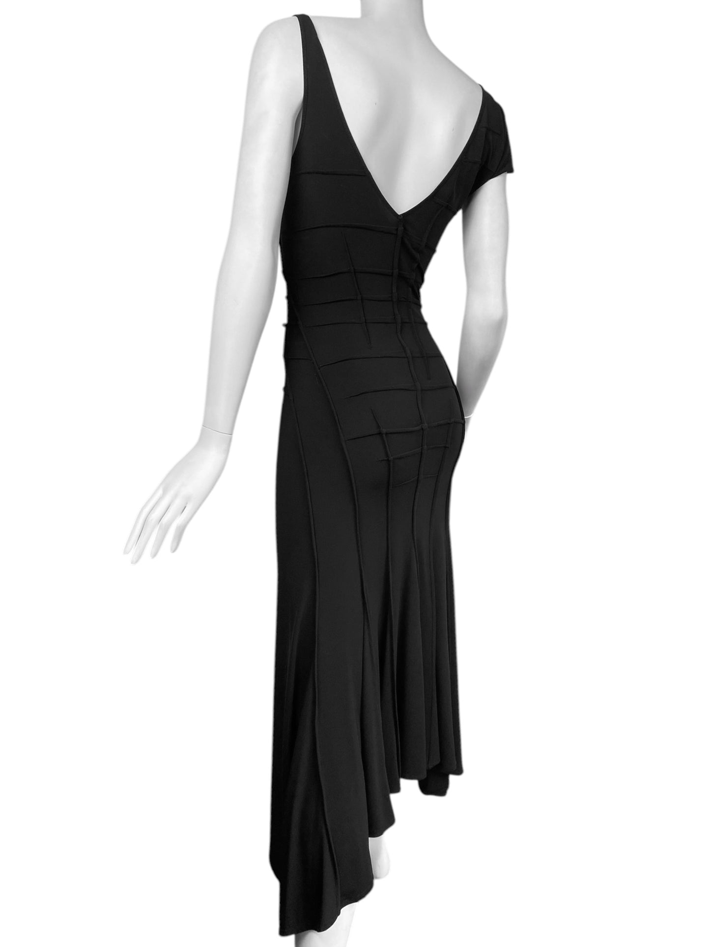FAYÇAL AMOR SS2004 BLACK ASYMMETRICAL NECKLINE DARTED DRESS