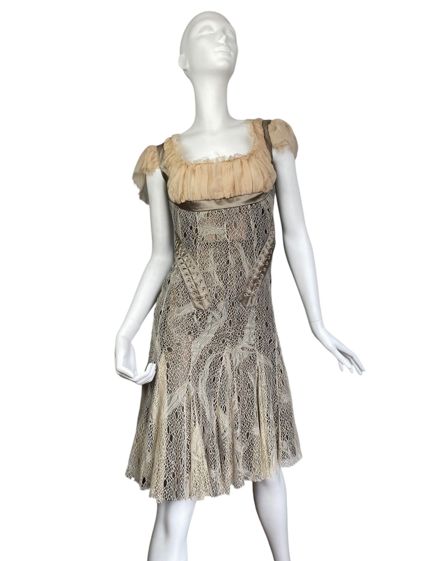 ALEXANDER MCQUEEN FW2002 «SUPERCALIFRAGILISTIC» BEIGE LACE & SILK BONDAGE CORSET MIDI DRESS