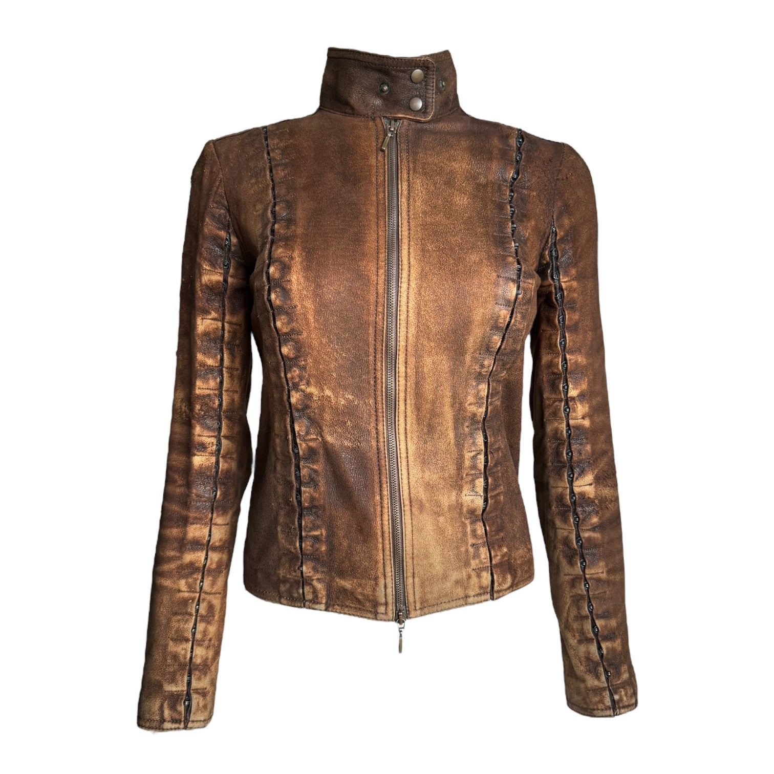 Plein Sud ジャケット PLEIN SUD JEANS 2000s BROWN DISTRESSED LEATHER HOOKED JACKET