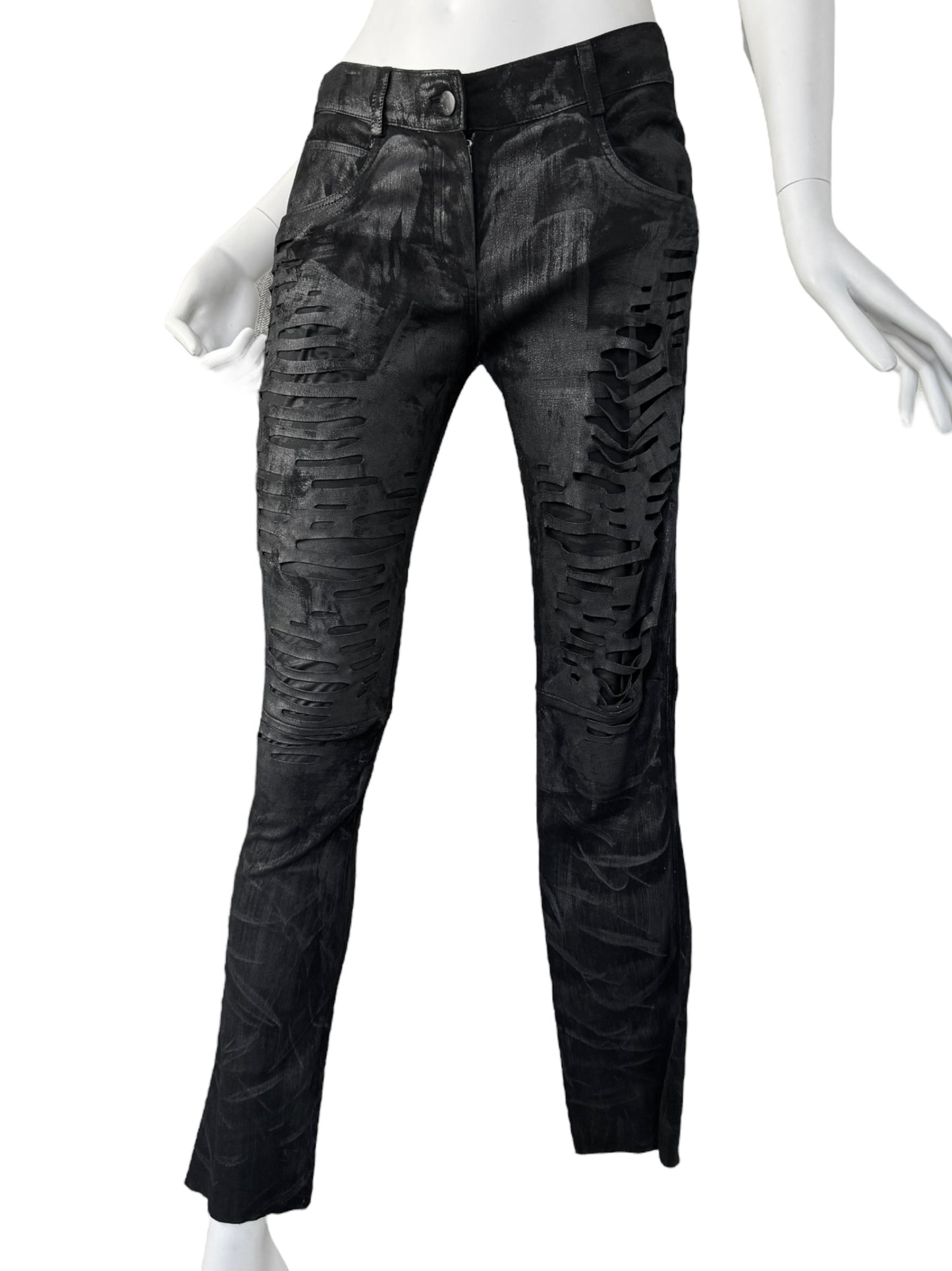 JITROIS 2010s BLACK LEATHER DISTRESS PAINTED SKINNY PANTS