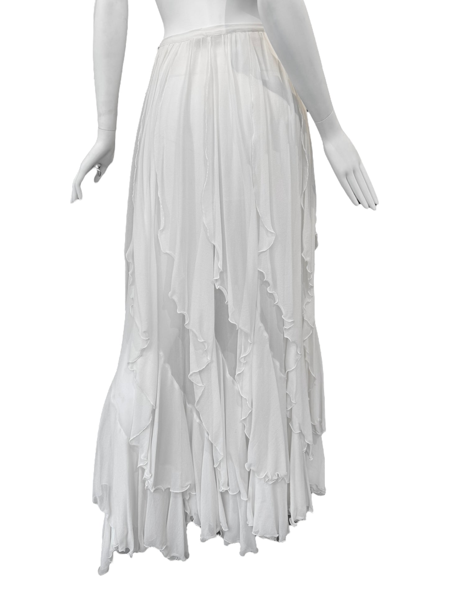 FAYÇAL AMOR 2010s WHITE SILK CASCADING RUFFLES MAXI SKIRT