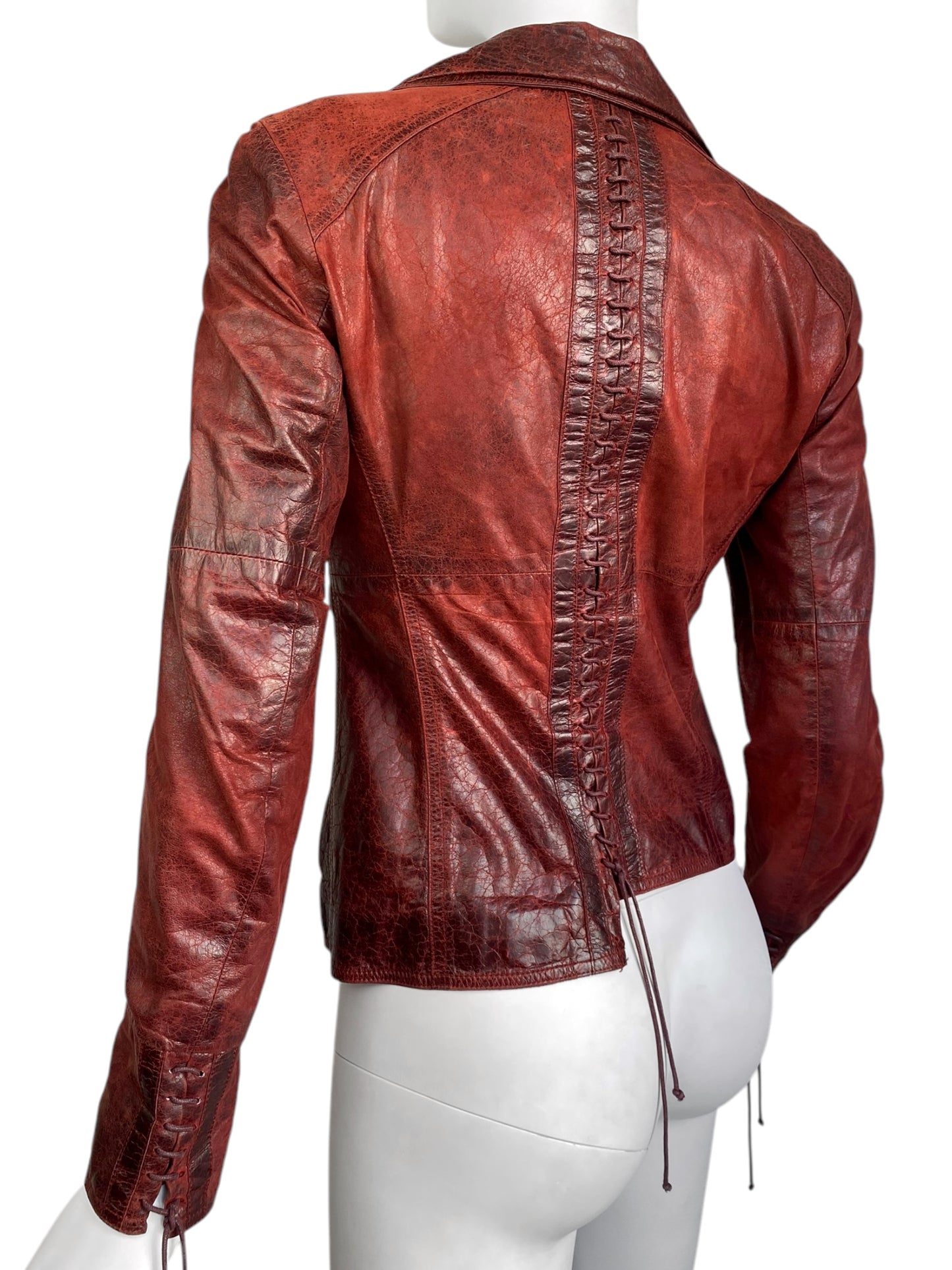 PLEIN SUD FW2002 RED DISTRESSED LEATHER LACE-UP JACKET