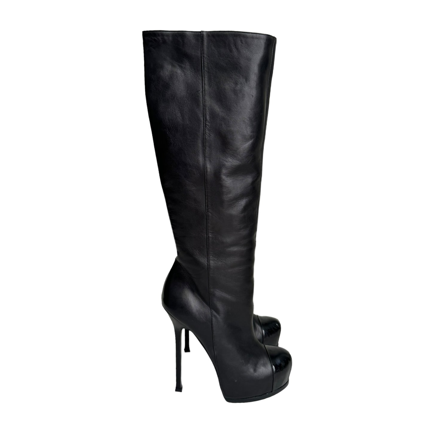 YVES SAINT LAURENT FW2008 BY STEFANO PILATI BLACK LEATHER TRIBTOO TOE-CAP BOOTS