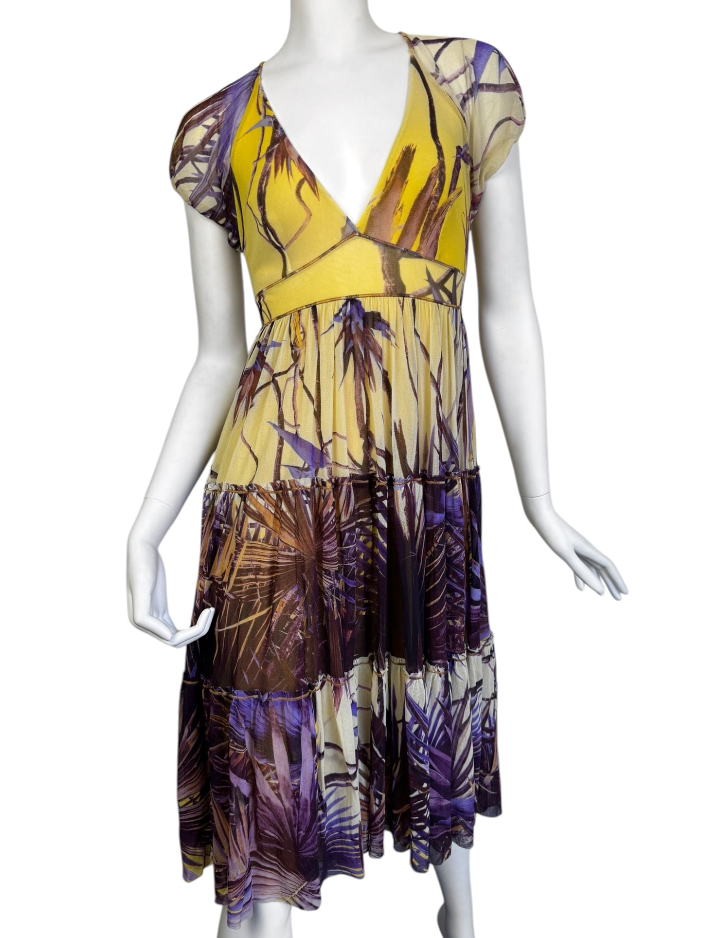 JEAN PAUL GAULTIER 2000s YELLOW & PURPLE MESH TROPICAL PRINT MIDI DRESS