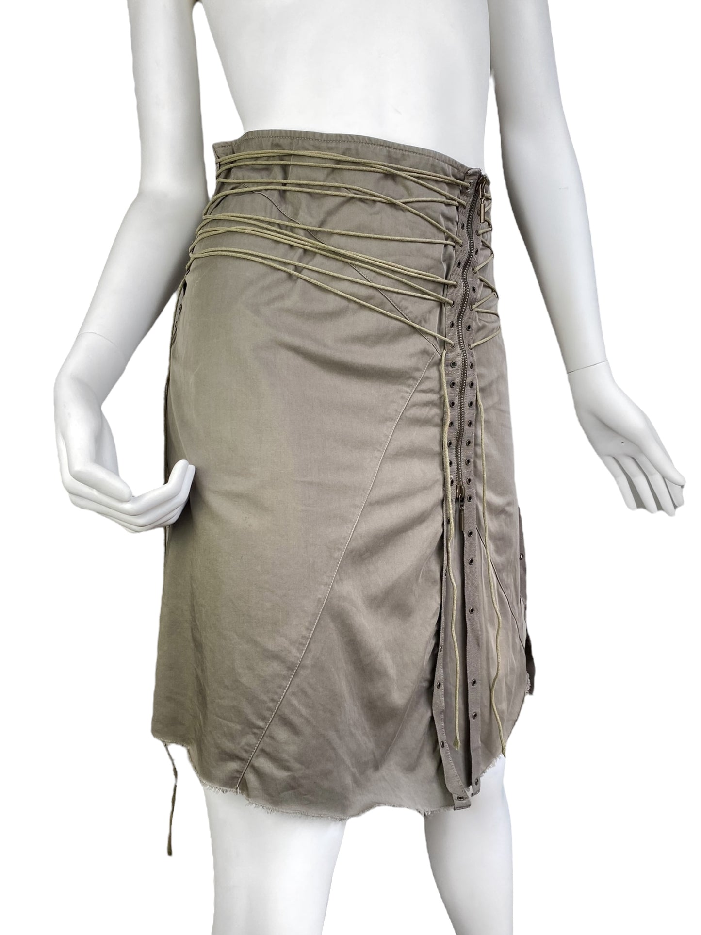 PLEIN SUD SS2003 KHAKI LACE-UP BONDAGE MIDI SKIRT
